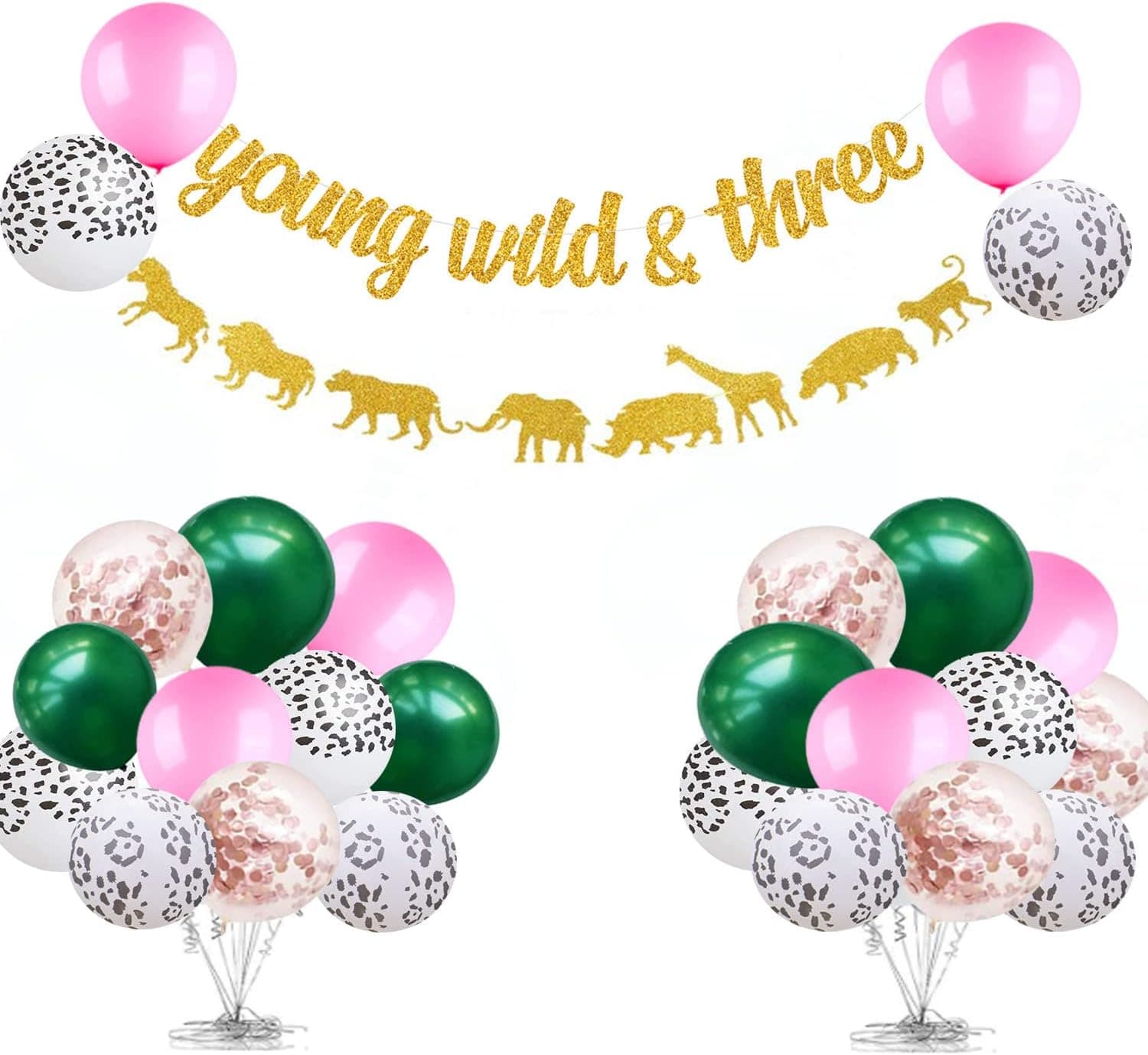 DXary Jungle Young Wild and Three Birthday Decorations, Jungle Theme 3rd Birthday Party Safari Animal Banner and Balloons Wild Three Banner Safari Party Decorations for Girls Three Years Birthday