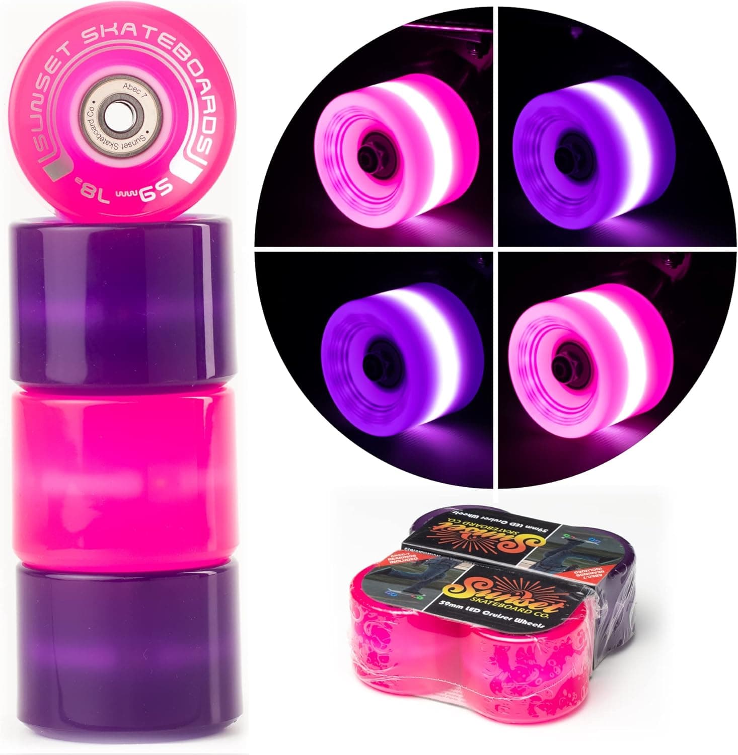 Sunset Skateboard Co. 59mm 78a Cruiser Wheels Bundle (2 Pink, 2 Purple) with ABEC-7 Carbon Steel Bearings for Glow-in-The-Dark, All Ages & Skill Levels Skating Fun with No Batteries Required