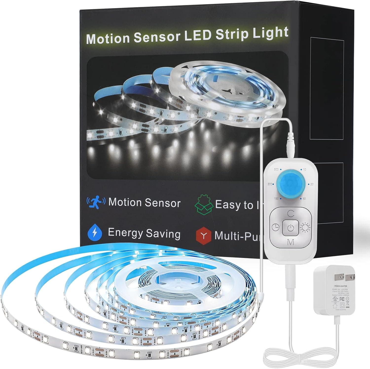 Feuymoent Motion Sensor LED Strip Light - Cabinet Strip Lights with 24W Plug, Dimmer and Timing, 9.84ft 6000K ColdWhite