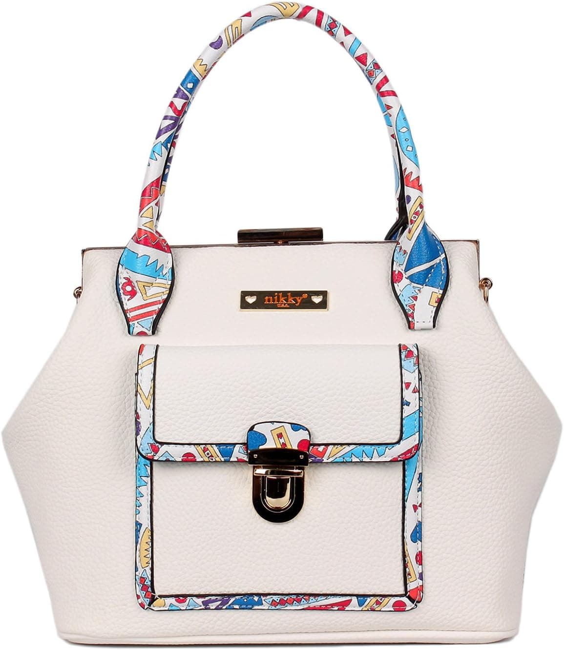 Women's Doctor Style Shoulder Bag, [Blue] Multi Colored Print Design Detail (White)