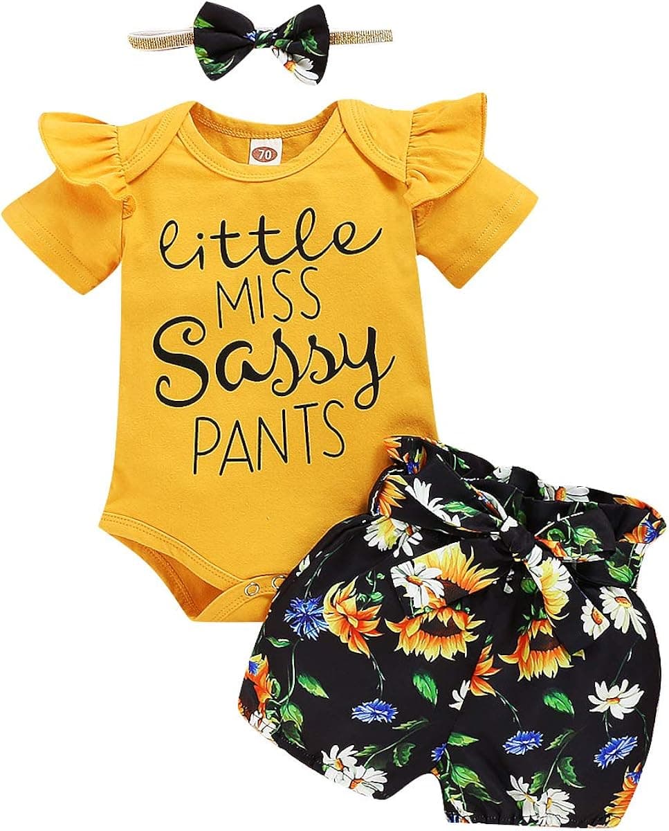 Aisheny Baby Girl Little Miss Sarry Pants Outfits Ruffle Romper Sunflower Bow Headband Shorts Suit Yellow, 6-12 Months