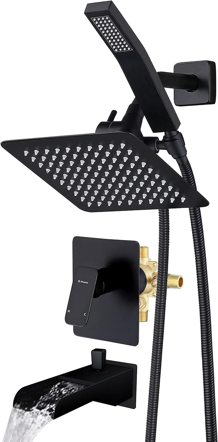 G-Promise All Metal Shower Faucet Set with Tub Spout,8 Inches Rain and Handheld Shower Head Combo,3-Way Diverter and Hose Complete,Shower Mixer Valve and Trim Kit Included (matte black)