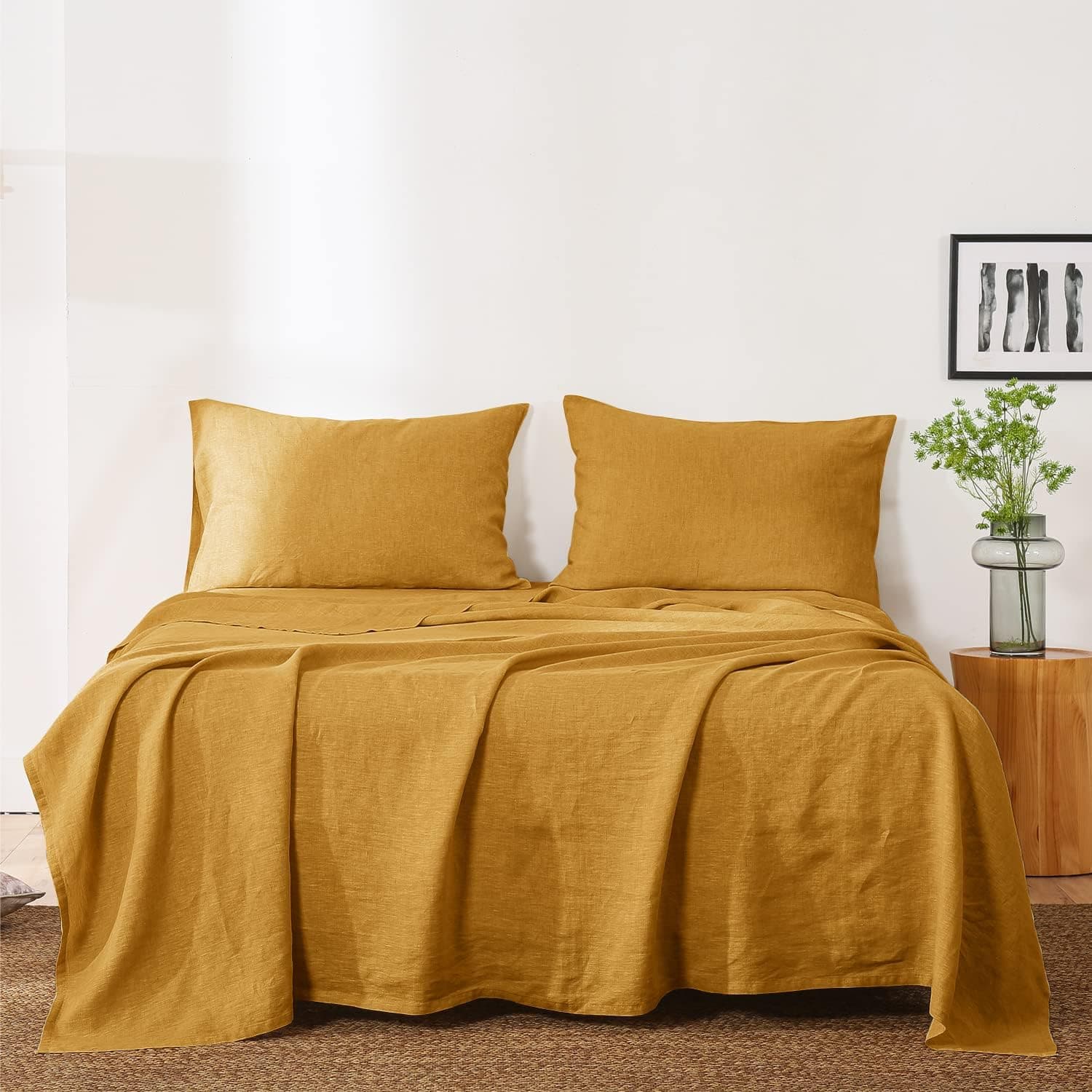 ENYOFE Linen Sheet Set Queen Size, Natural French Flax Bed Sheets, 4PCS Luxury, Durable, Breathable, Soft Linen Bedding, Deep Pocket Fitted Sheet&Flat Sheet&2 Pillowcases (Turmeric,Queen)