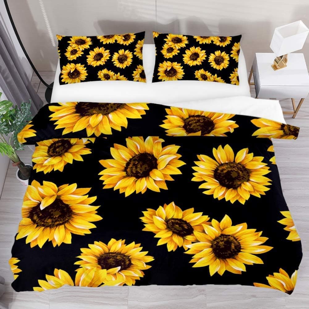 3 Pieces Oil Painting Sunflower Flowers Pattern With Black Background Duvet Cover Set (1 Duvet Cover + 2 Pillowcases) Twin Size Breathable Bedding Sets Room Decor for Kids Teens Girls Boys