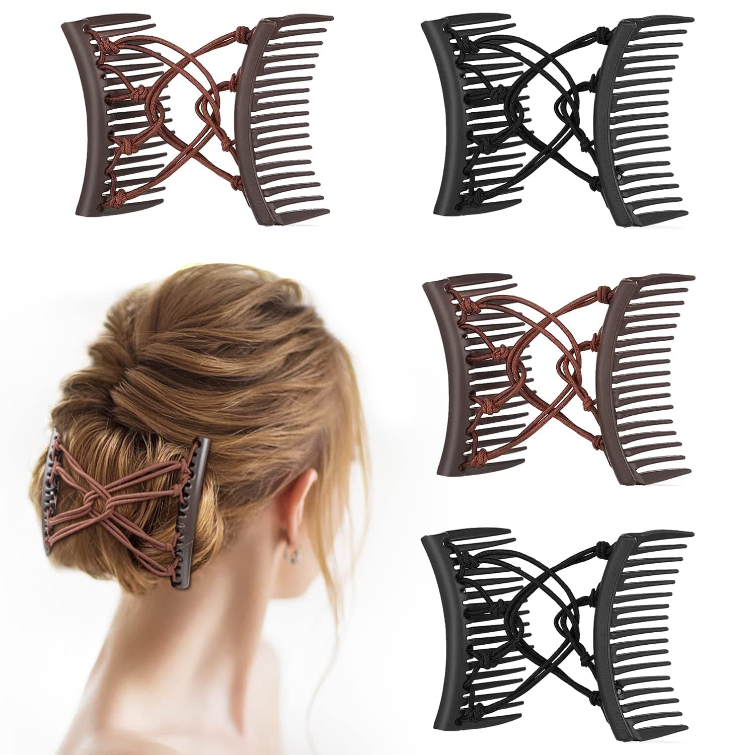 4 Pieces Magic Hair Combs for Women Accessories, Stretchy Double Comb Hair Clip Adjustable Elastic Hair Comb for Thick Curly Thin Hair, Adjustable Magic Hair Clip Combs (Coffee and Black)