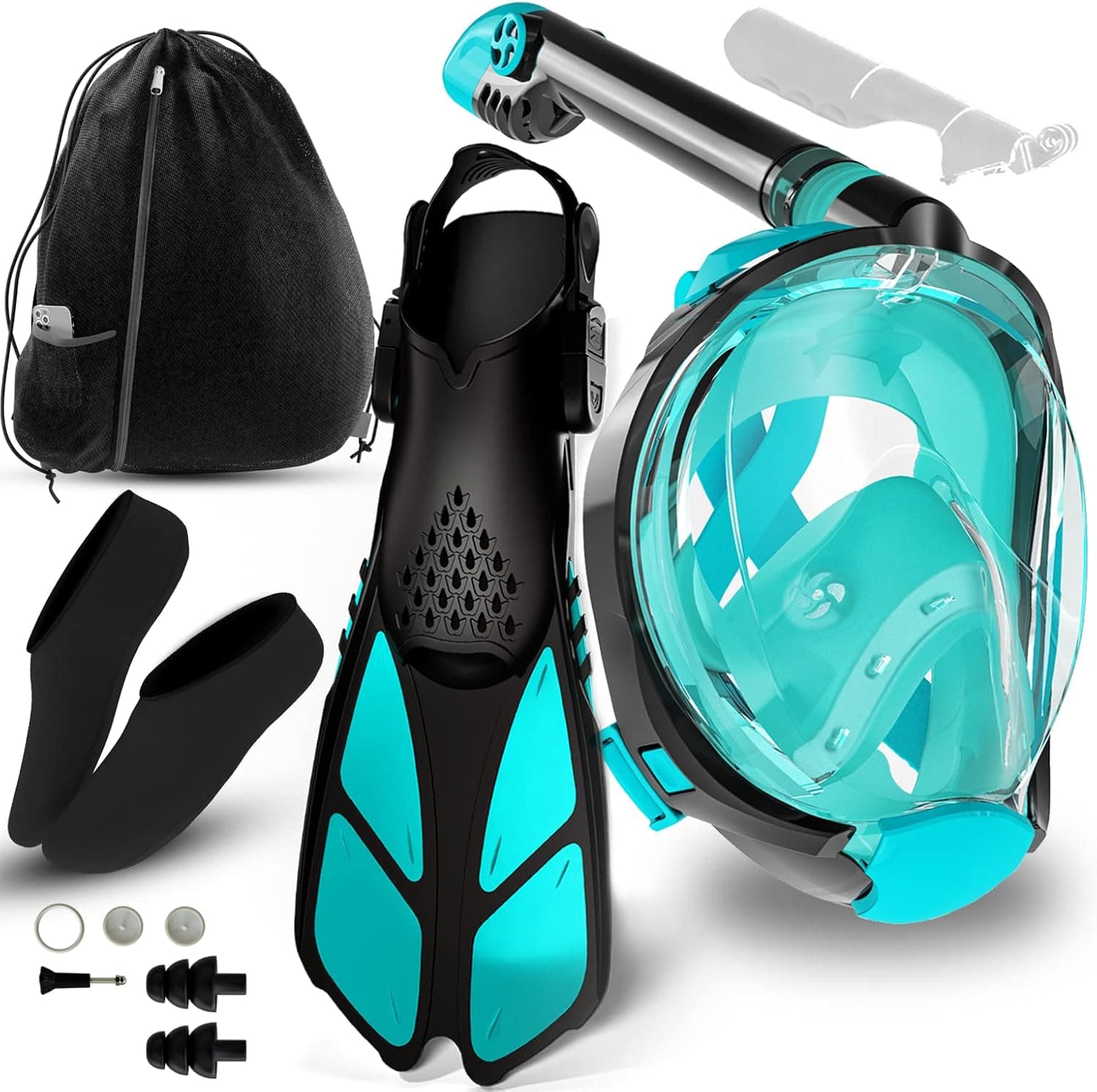 COZIA DESIGN Snorkel Set Adult - Full Face Snorkel Mask and Adjustable Swim Fins, 180° Panoramic View Scuba Mask, Anti Fog and Anti Leak Snorkeling Gear, Carrying Bag & Earplugs Included