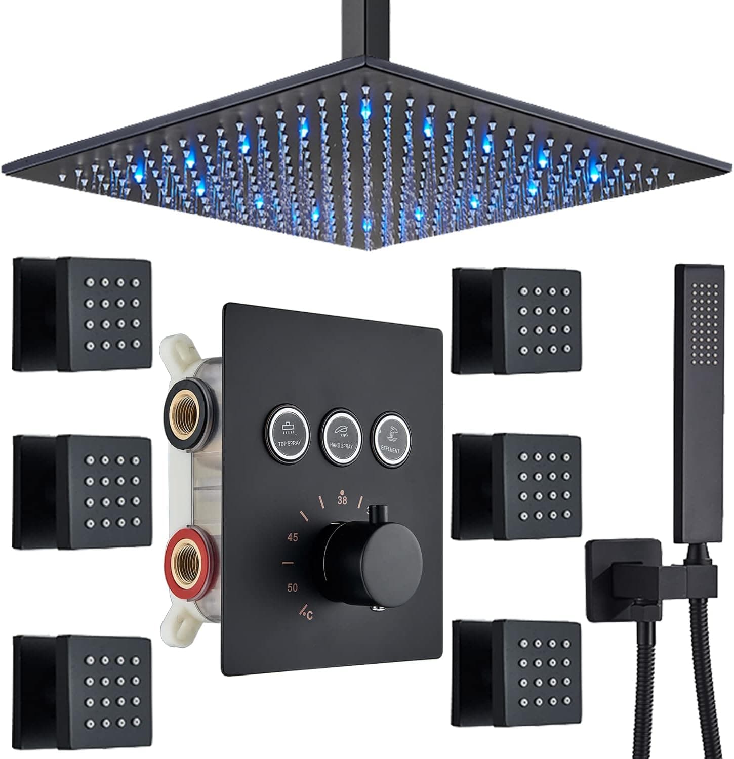 Body Jet Sprays Shower System 16 Inch LED Rainfall Shower Head with Handheld Ceiling Mount Thermostatic Shower Faucet Sets Can Use All Options at A Time Matte Black