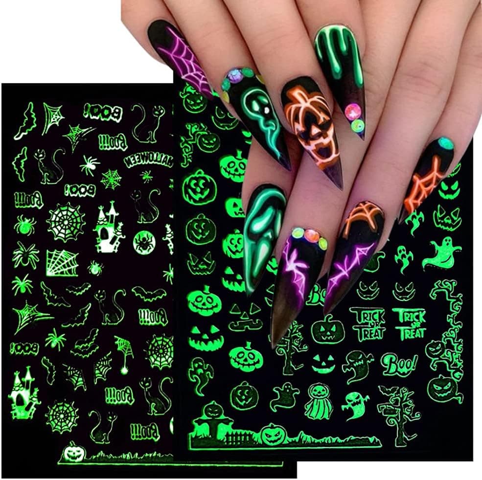 Halloween Nail Art Stickers Glow in The Dark Nail Decals 3D Self-Adhesive Fluorescent Nail Stickers Skull Spider Witch Ghost Pumpkin Bat Snake Nail Design for Women and Girls DIY Acrylic Nail Art 6PCS