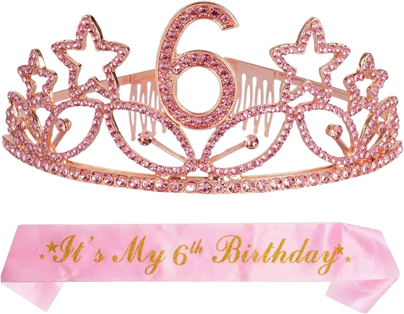 6th Birthday Sash and Tiara for her- Fabulous Glitter Sash + Stars Rhinestone Pink Premium Metal Tiara for her, 6th Birthday Gifts for Princess Party for Girls