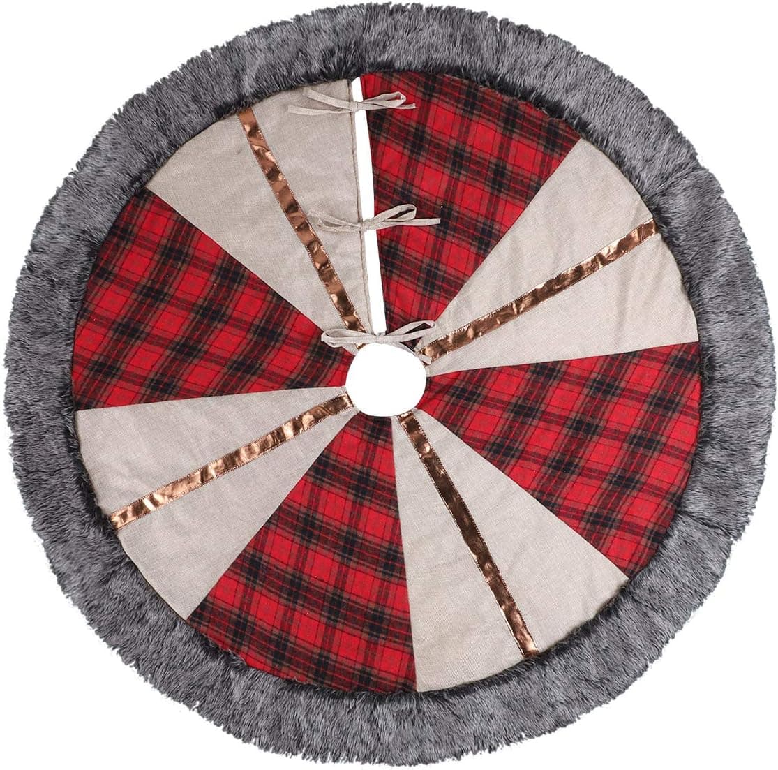 TDW 48 inch Christmas Burlap Tree Skirt Plus Red Buffalo Plaid Faux Fur Christmas Tree Skirt with Golden Stripe, Christmas Tree Decor, Rustic Red Plaid Christmas Ornament, Indoor Christmas Decoration