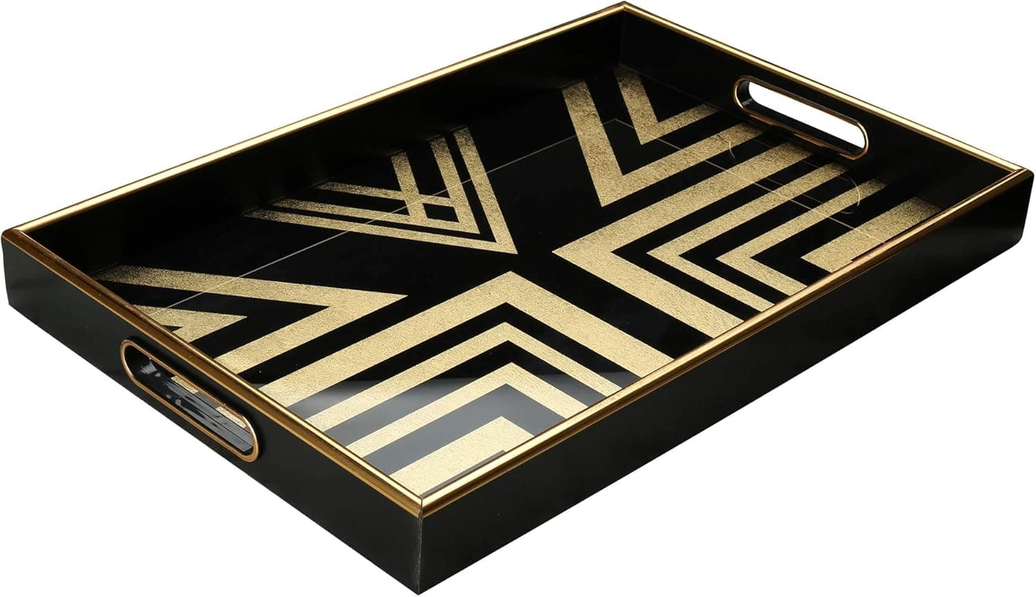 Serving Tray –Coffee Table Tray –Elegant Decorative Tray –PS and Printed Glass Table Tray –Practical and Sturdy Design –Easy to Clean and Washable(Black and Gold,15.6x10x1.8 Inches)