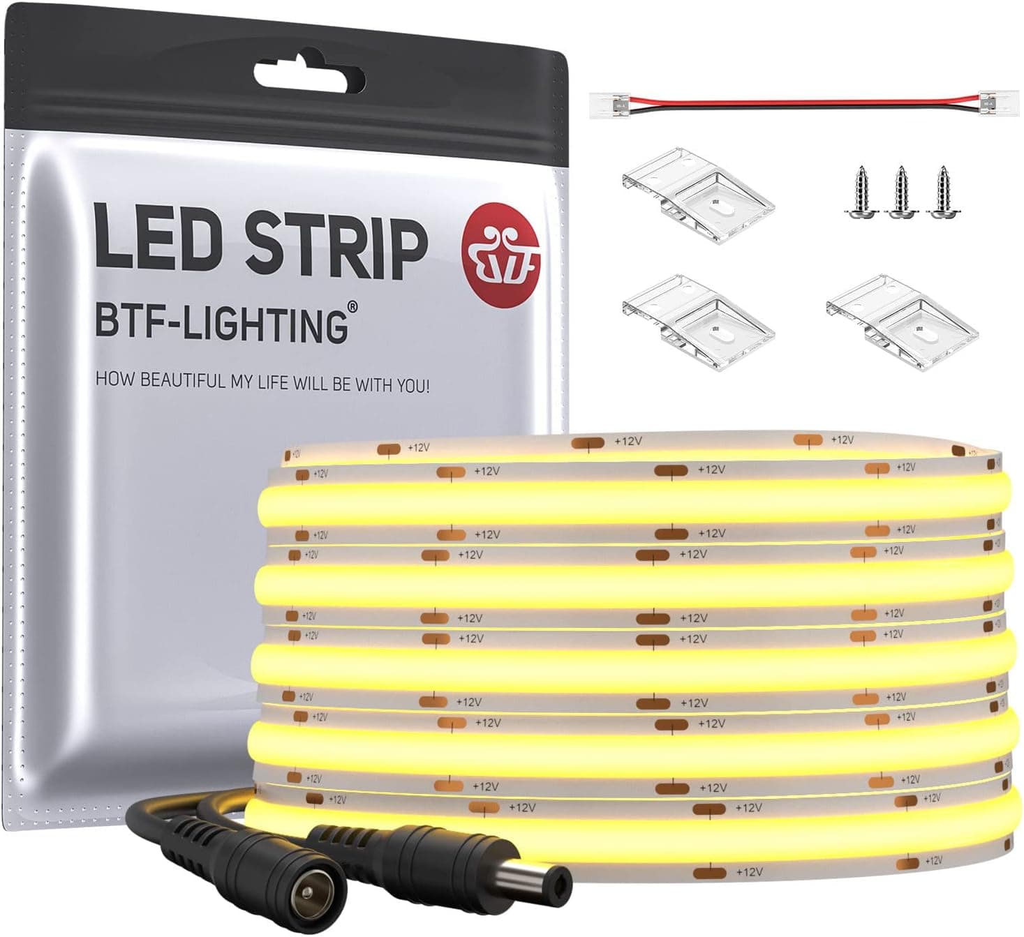 BTF-LIGHTING FCOB COB Flexible High Density Uniform Light LED Strip 8W/m 16.4FT DC12V Warm White 3000K CRI 90+ 8mm Width Dimmable LED Ribbon for Bedroom Kitchen Home Indoor Decoration