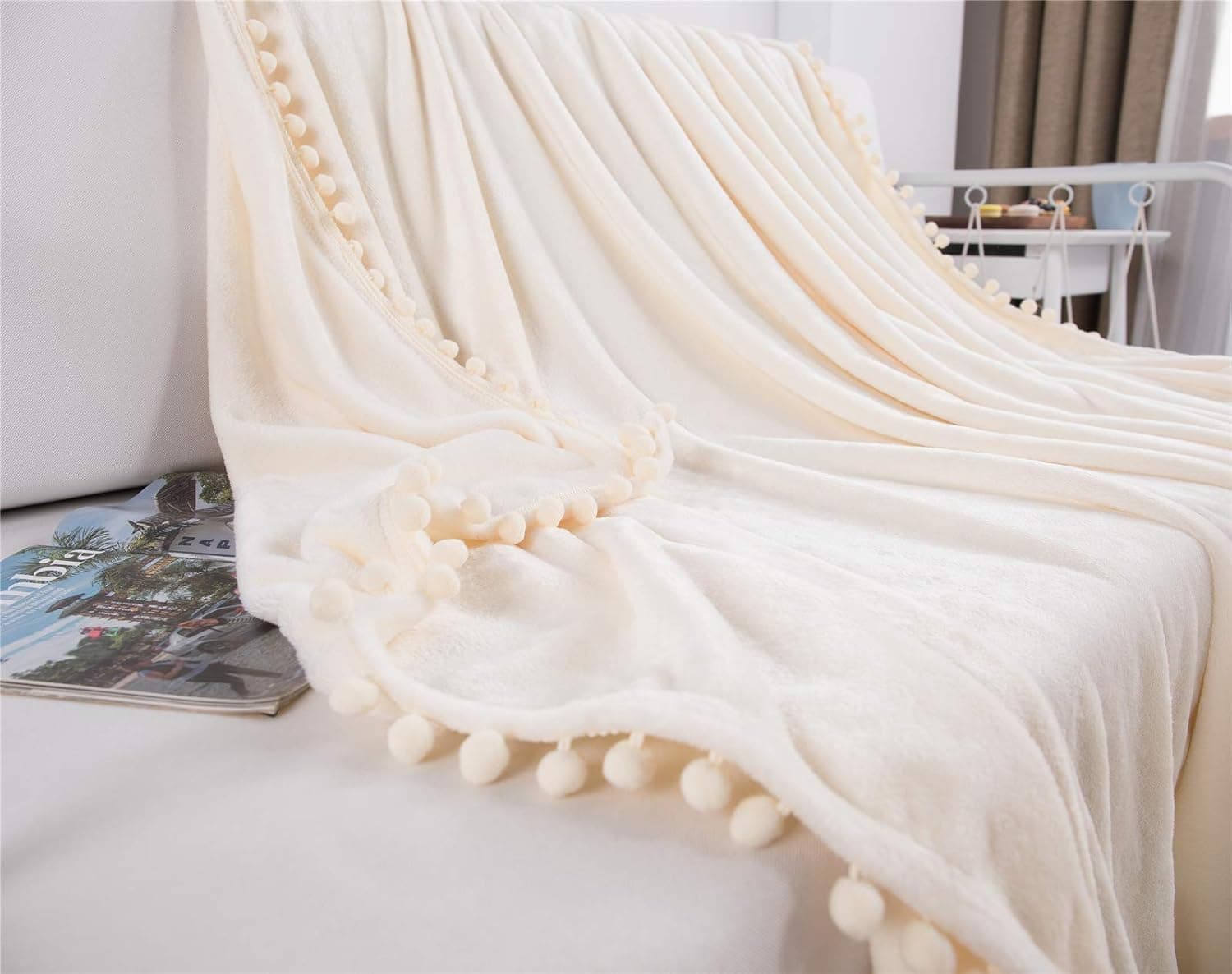 Brandream Flannel Blanket Soft Warm Beige White Pompom Throw Blanket Pompom Ultra-Plush Coach Bedroom Multi Blanket, 59" 78"