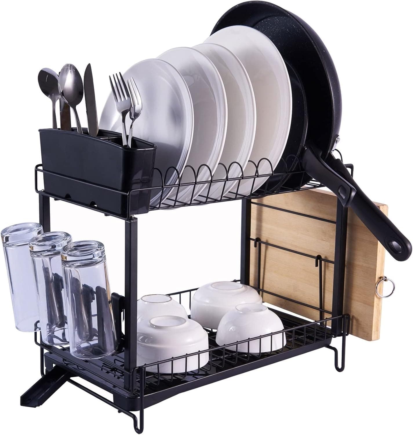 YP Dish Drying Rack with Drainboard, 2 Tier Dish Drainers for Kitchen Counter, Kitchen Dish Rack Organizer with Removable Utensil Holder, Black