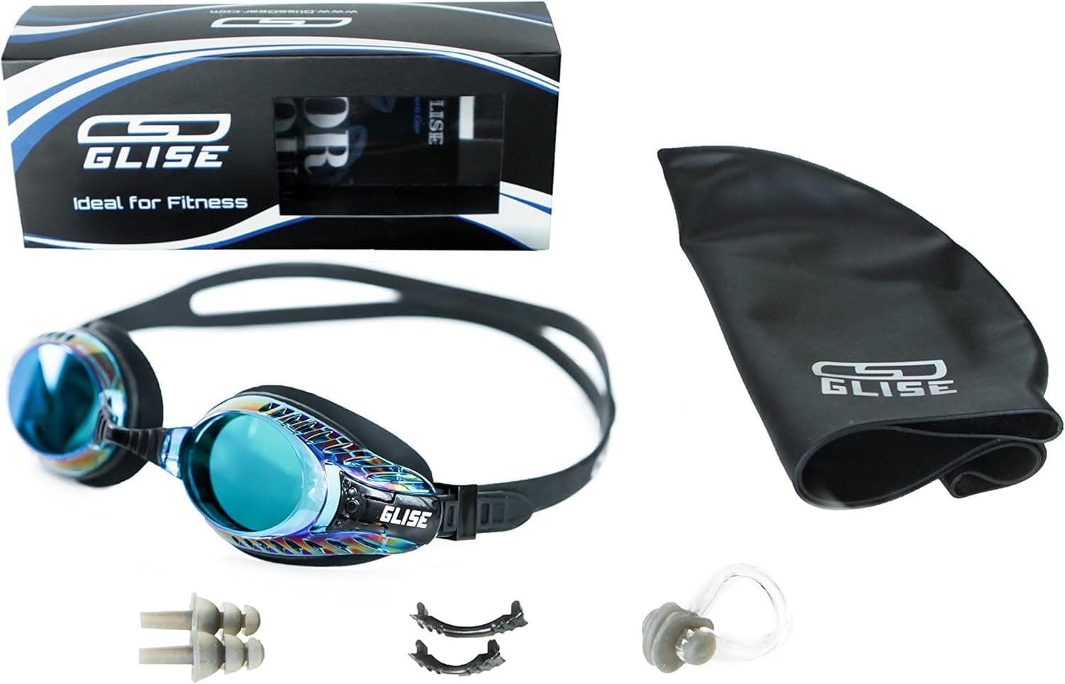 Glise Swimming Goggles and Cap for Men, Women & Kids | Set Includes Earplugs & Storage Bag | MAX Comfort Set/Anti-Fog/Leak-Free| Premium Silicone 3D Seal Eyecup | 12 Months Guarantee