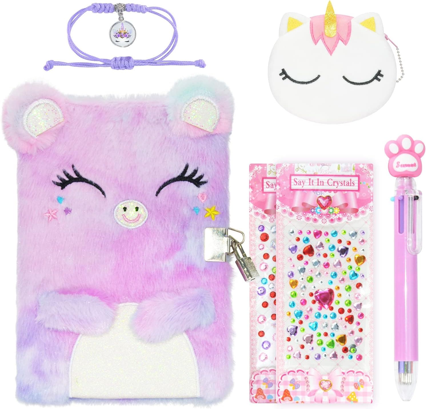 Sicbanna Cat Diary for Girls with lock and keys, Kids Journal School Travel Notebook Gift Set for Writing and Drawing, Secret Diary with Multicolored Pen Stickers Purse Bracelet