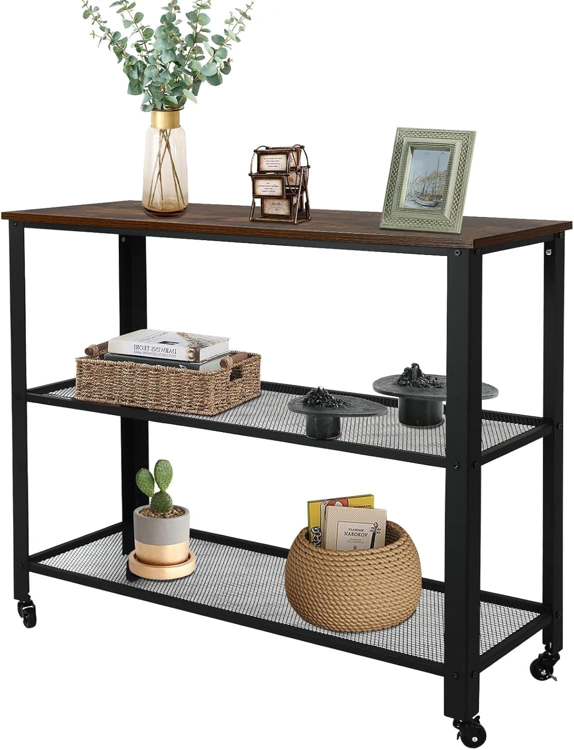 Acehome Industrial Console Table, 3 Tier Farmhouse Console Table with Storage, Sofa Console Table for Entryway, Living Room, Bedroom, TV Console Table with Metal Frame, Rustic Brown