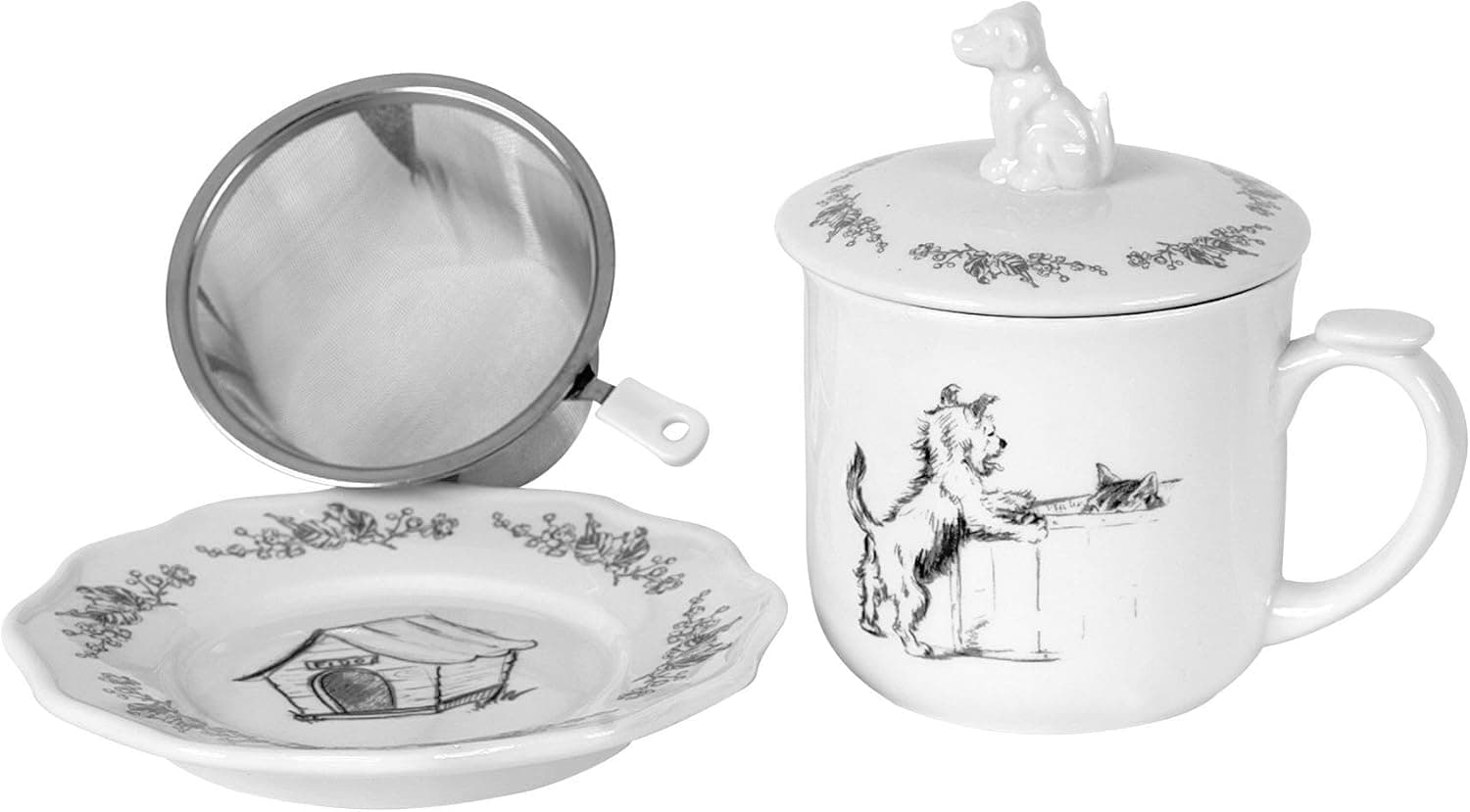 Creative Co-Op 4 Piece Dog Image Stoneware Mug with Lid, Saucer & Strainer