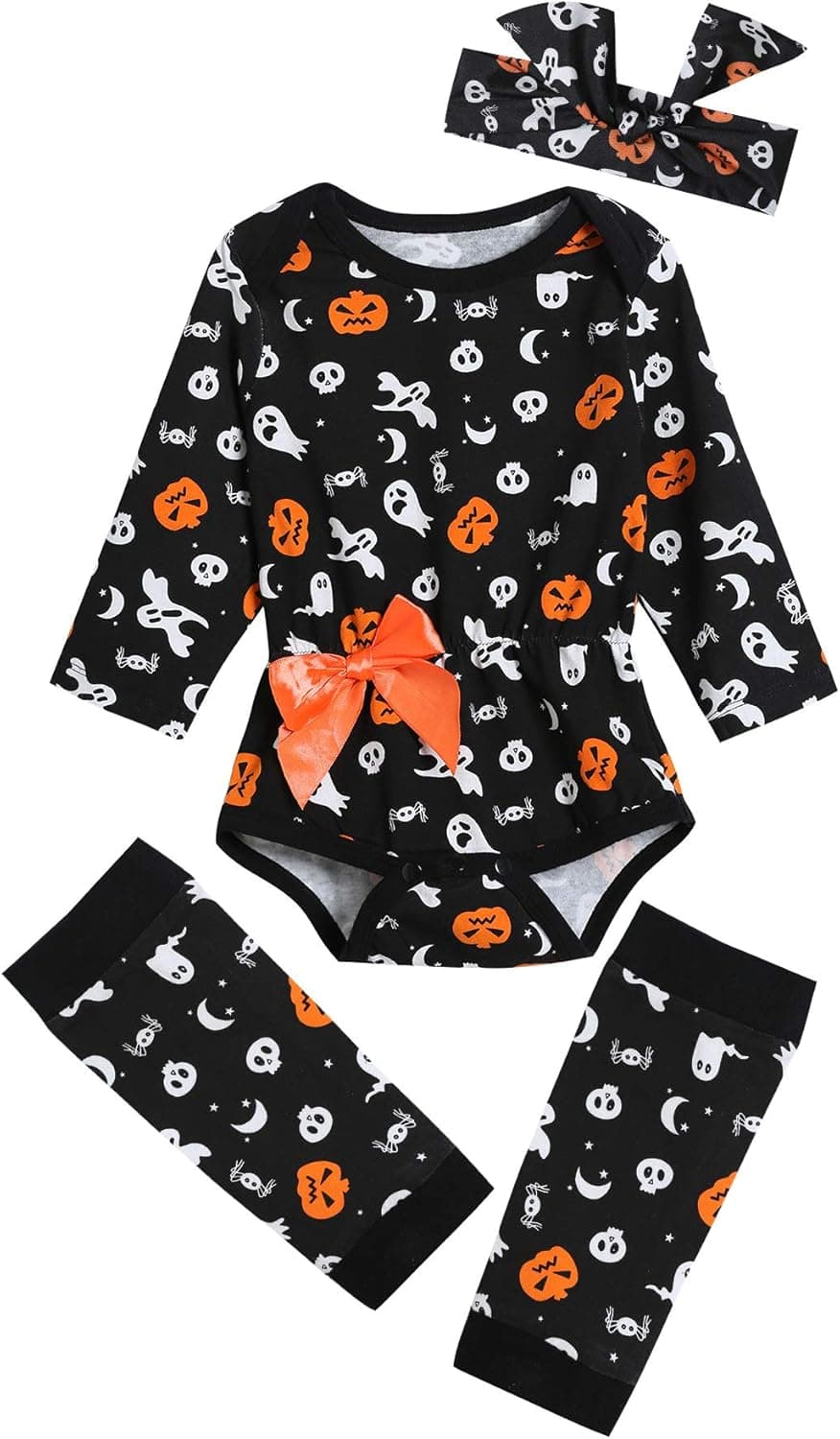 Yruiz Baby Girls' 3PCS Ghost Outfits Set Halloween Pumpkin Costume Long Sleeve Bodysuit