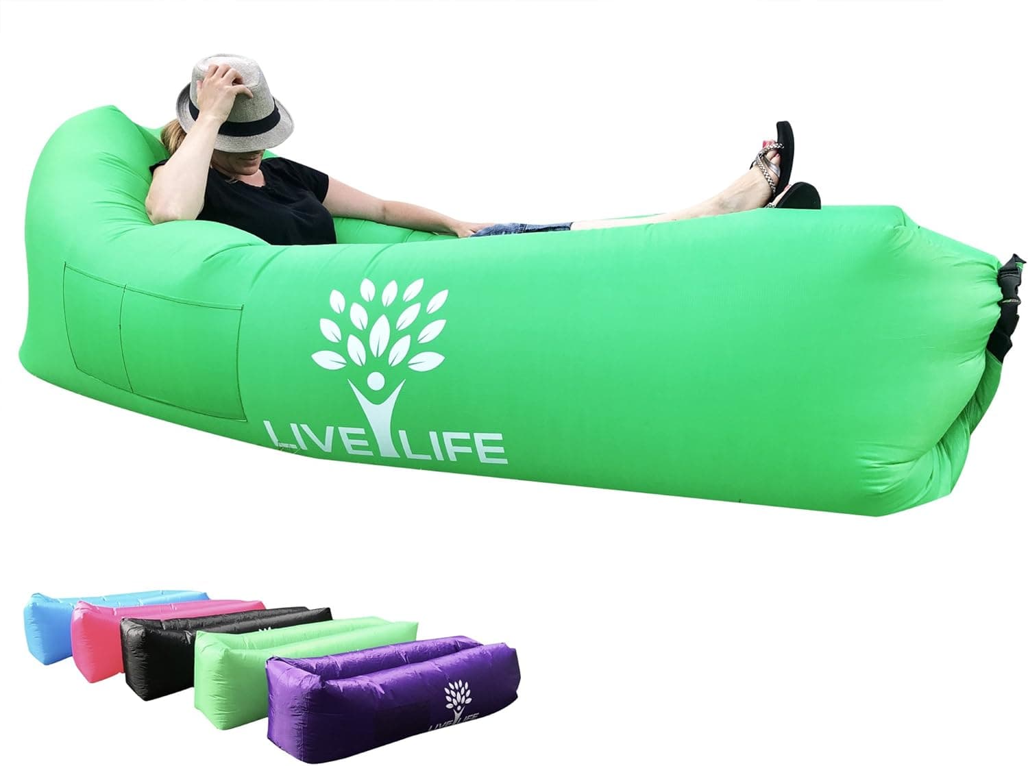 INFLATABLE LOUNGER,AIR SOFA,DURABLE,RIPSTOP NYLON,WATERPROOF,FLOATS,HAMMOCK,INDOOR/OUTDOOR,CAMPING,HIKING,POOL,BEACH,PARK,BACKYARD,CARRYING BAG,2 POCKETS,BOTTLE OPENER,STAKE LOOPS,WARRANTY! (GREEN)