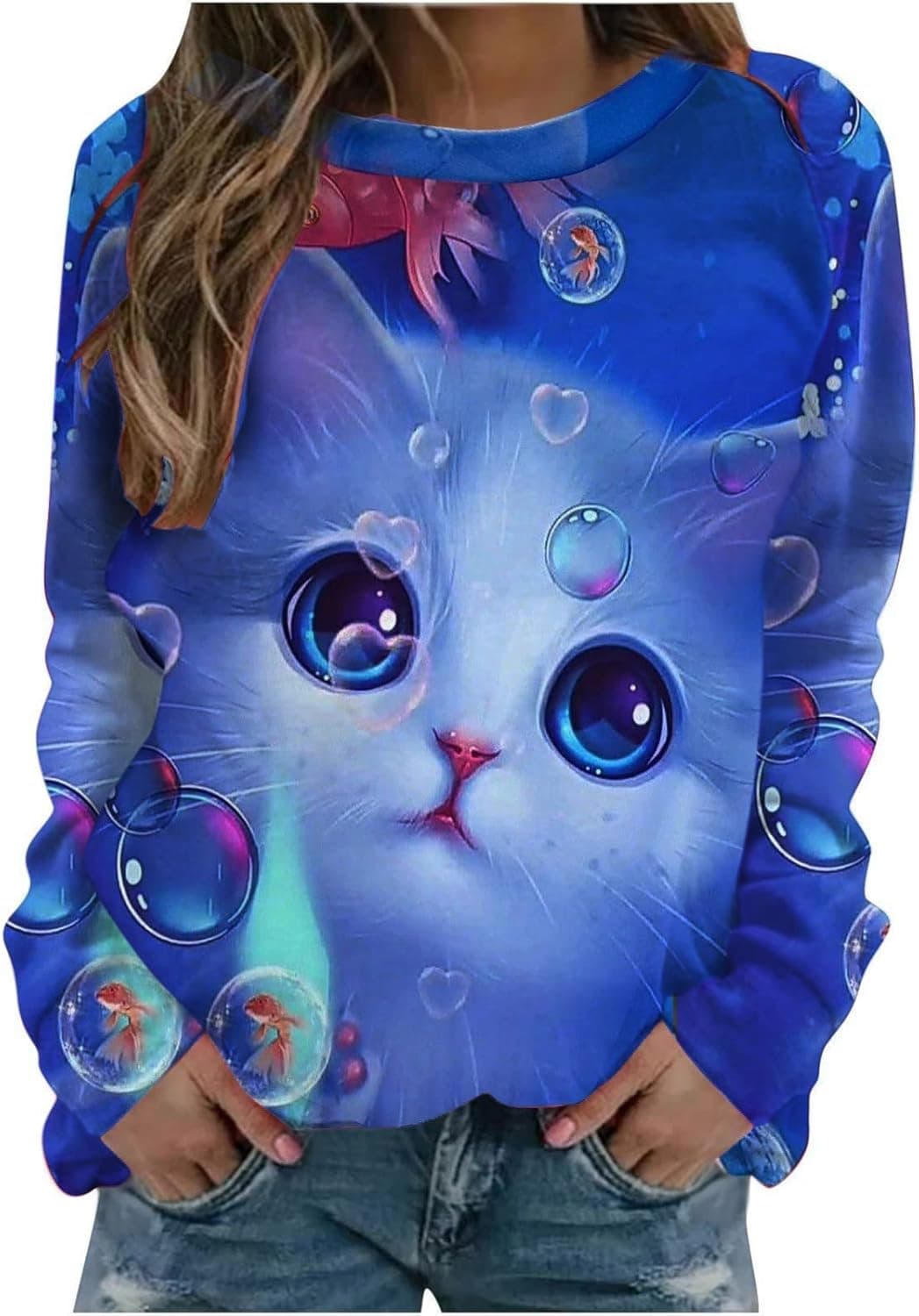 Novelty Funny 3D Graphic Cats Long Sleeve Sweatshirt Womens Cute Cow and Crafty Fox Print Shirt Casual Crewneck Blouse