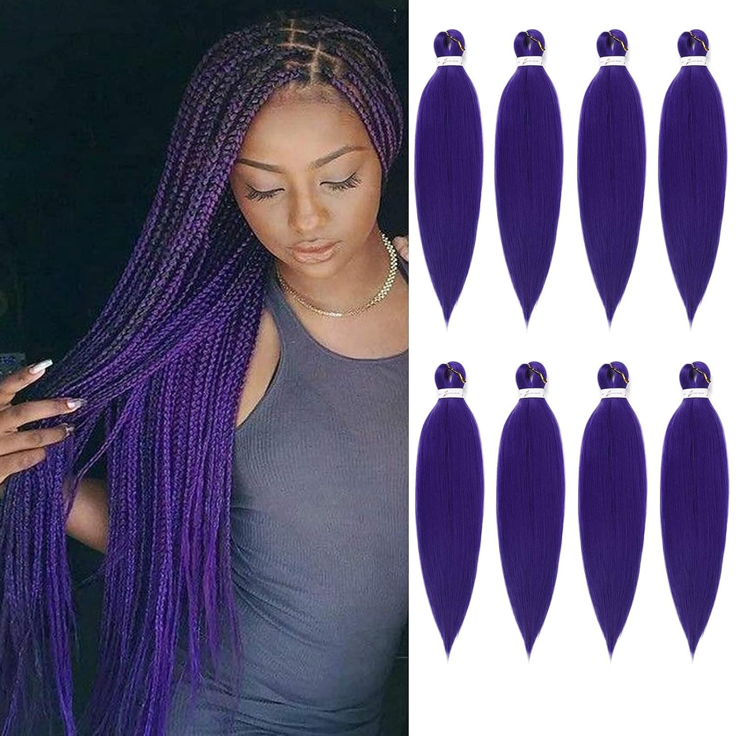 8 packs Black Braiding Hair Pre Stretched Ez Braiding Hair Easy Braid Soft Yaki Texture Synthetic Braiding Hair for Box Braids Hair Not Itchy Hot Water Setting Braids Hair for Senegalese Twist Hair(Purplc#)