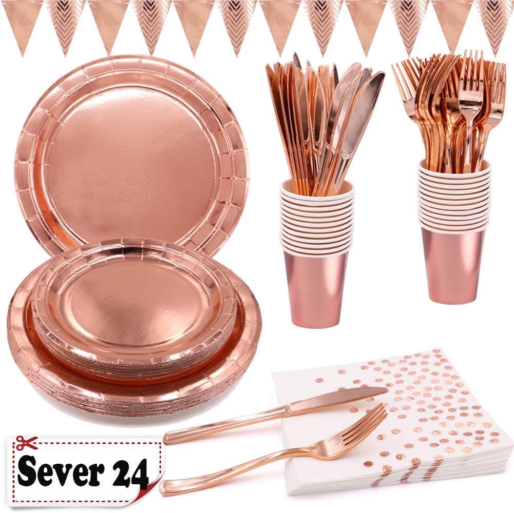 Rose Gold Party Supplies Foil Paper Plates Cups Napkins Forks Knives for Wedding Birthday Anniversary Rose Gold Party Tableware for 24 Guests