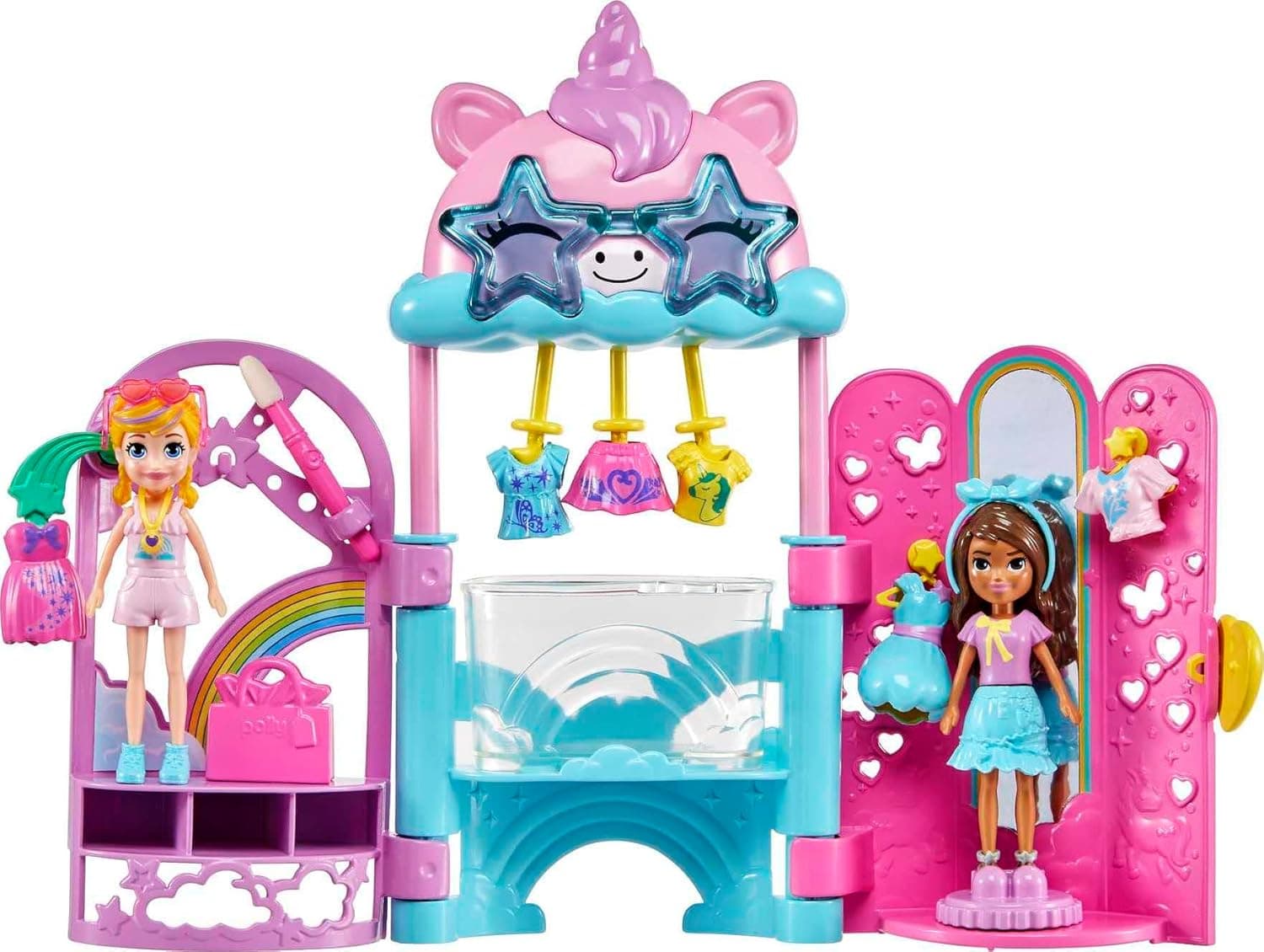 Polly Pocket Dolls & Playset, Unicorn Toy with 2 Dolls and 19 Fashion Accessories, Glam It Up Style Studio