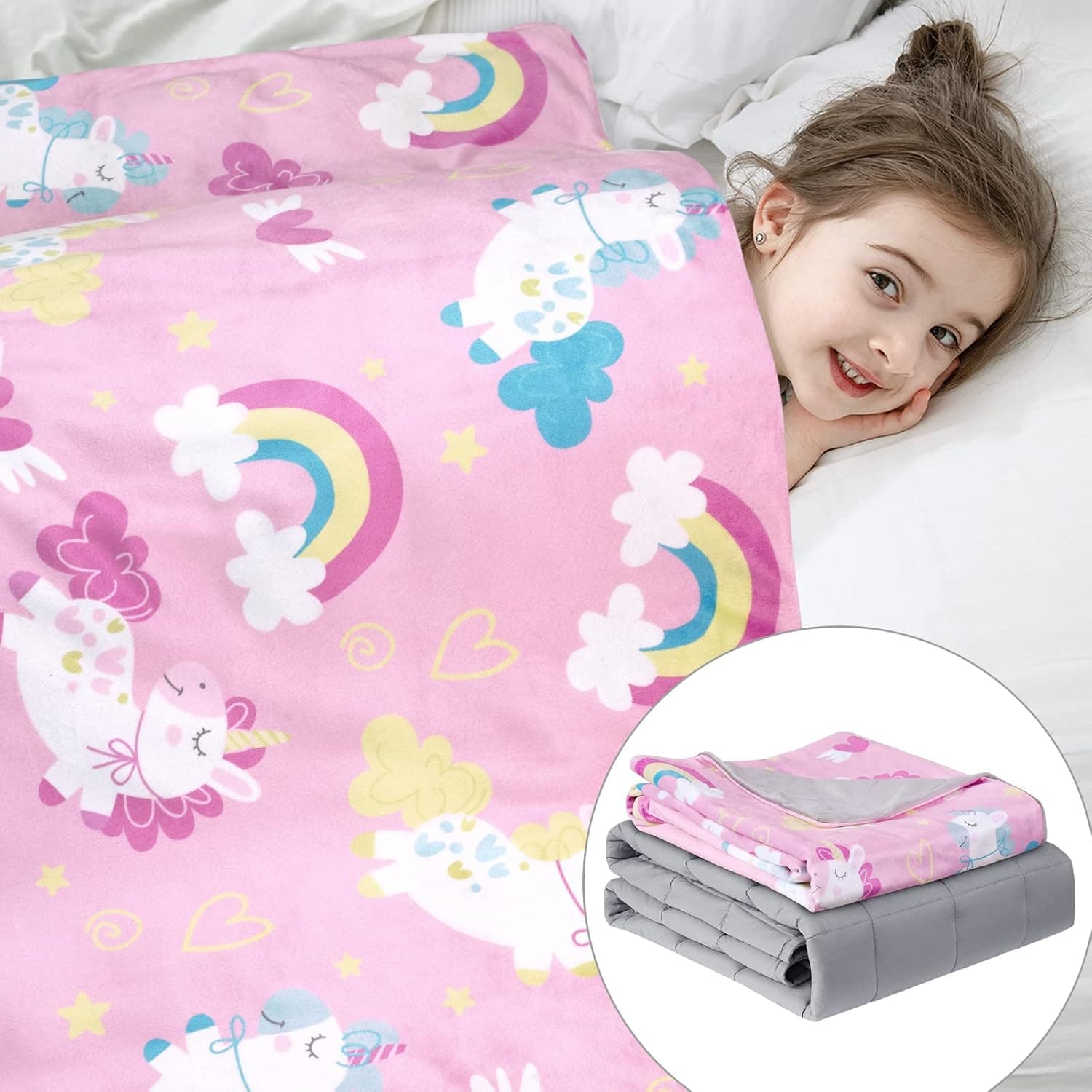 Solfres Kids Weighted Blanket, 5lbs, 36 x 48 inches, Pink Cartoon Rainbow Unicorn Printing Heavy Blanket for Children and Teens Sleeping Ultra Soft and Cozy
