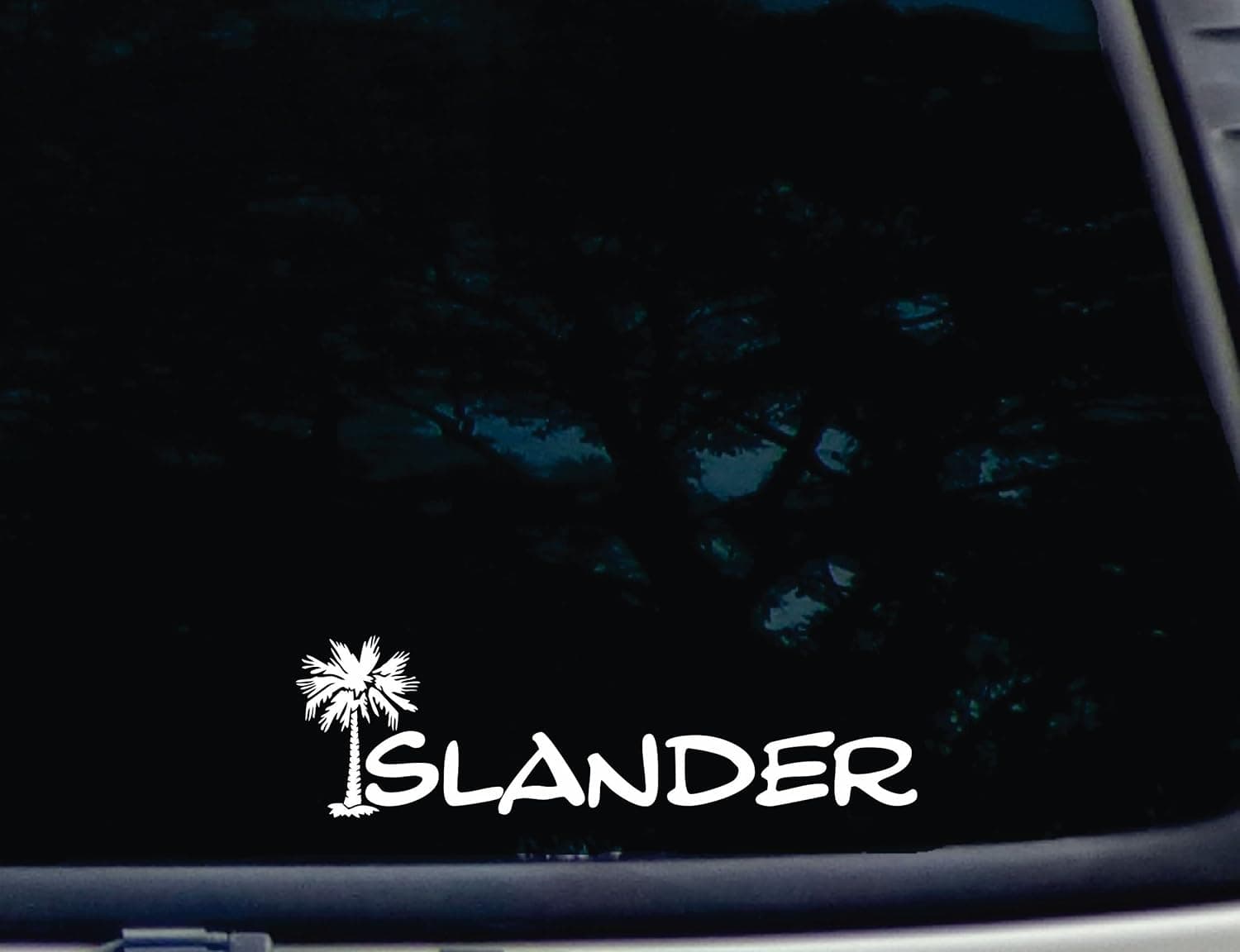 Islander w palm tree image - 8 1/2" x 2 1/2" die cut vinyl decal for window, car, truck, tool box, virtually any hard, smooth surface