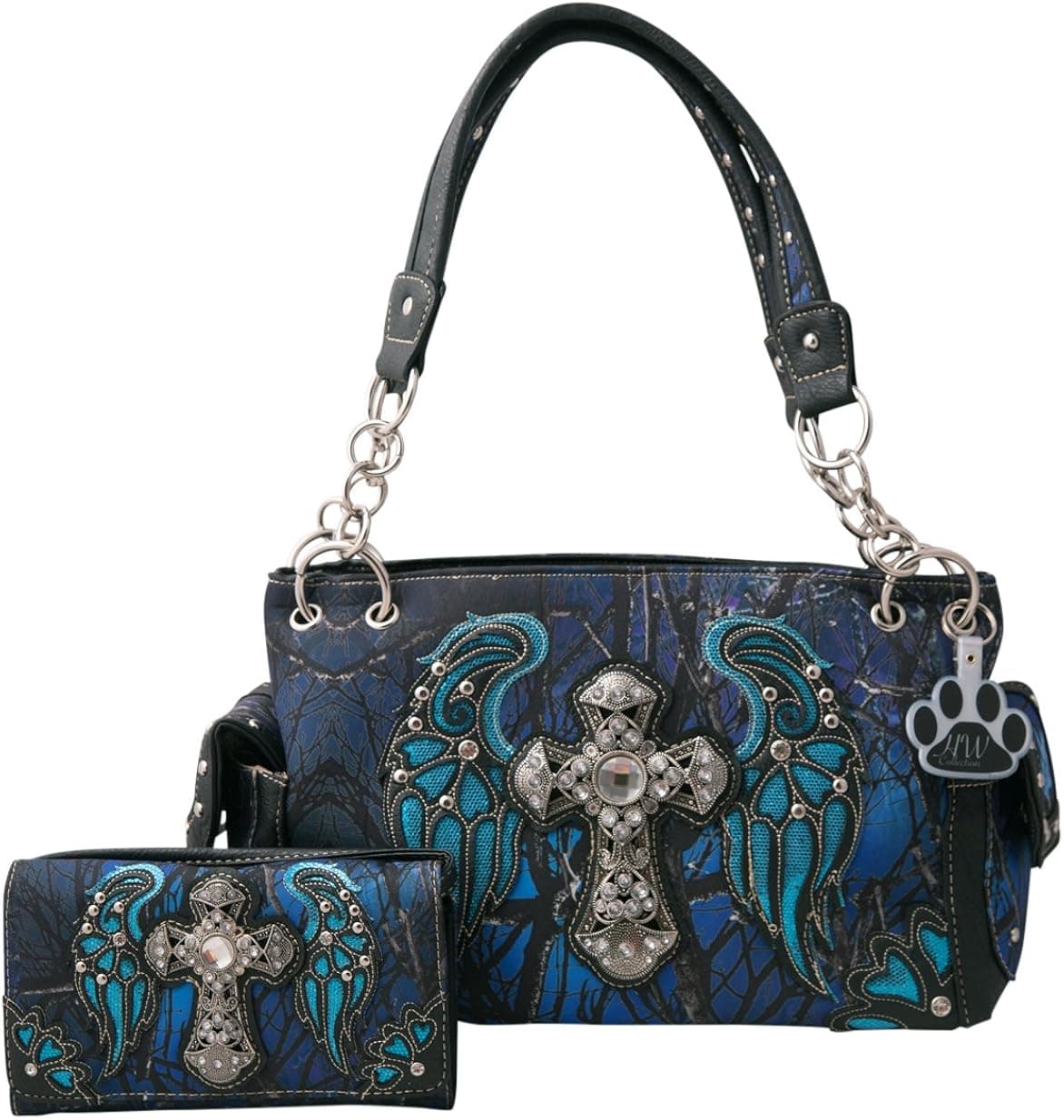 HW Collection Western Camo Camouflage Rhinestone Cross Angelic Wings Concealed Carry Handbag and Wallet Set