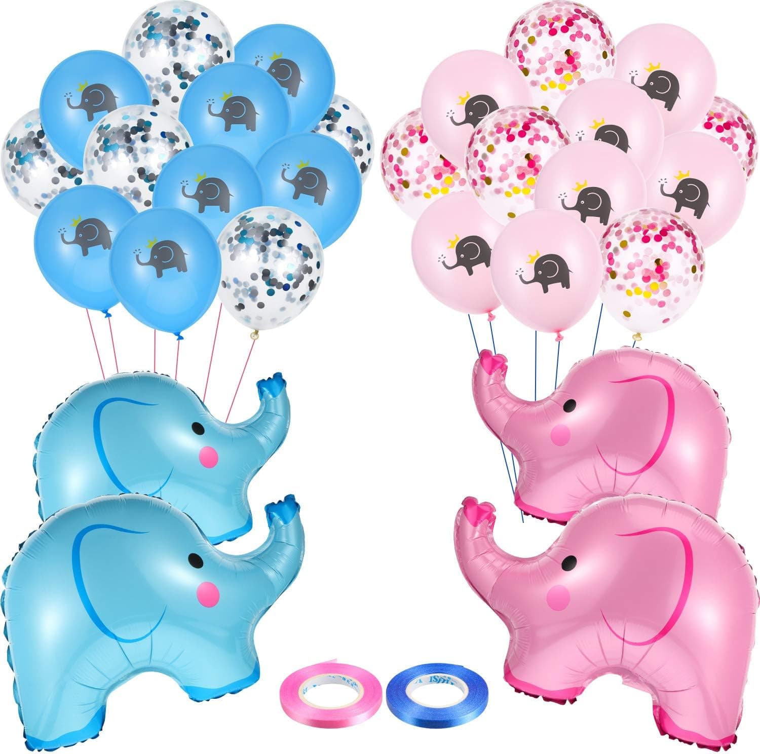 44 Pieces Elephant Gender Reveal Party Decoration Supplies Pink Blue Mylar Elephant Balloons Latex Confetti Balloons with 2 Ribbons for Gender Reveal, Baby Shower Birthday Party Decoration