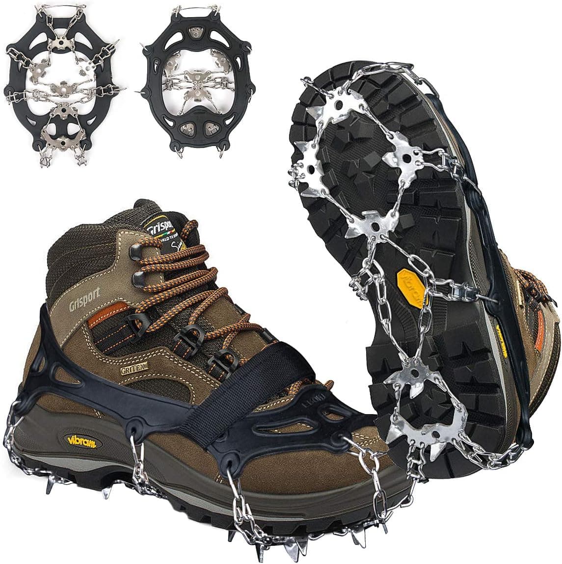 Crampons Ice Cleats Traction Snow Grips for Boots Shoes Women Men Kids Anti Slip 18 Stainless Steel Spikes Safe Protect for Hiking Fishing Walking Climbing Mountaineering