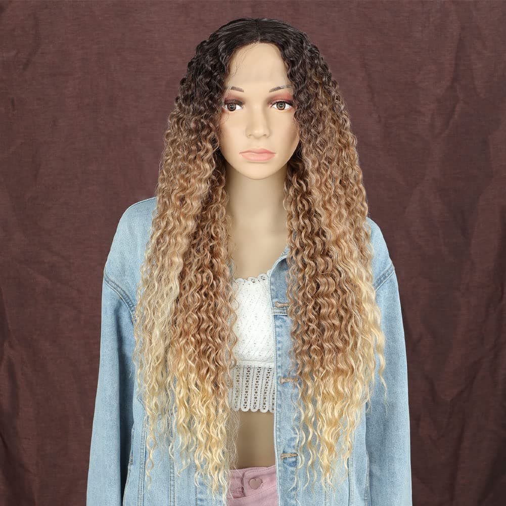 Lsybeauty Synthetic Lace Front Wig - 28 Inch Long Curly Lace Front Wigs Ombre Blonde Curly Wig 180% Density 13x6x1 Deep Middle Part Hair Wigs for Women with Dark Roots