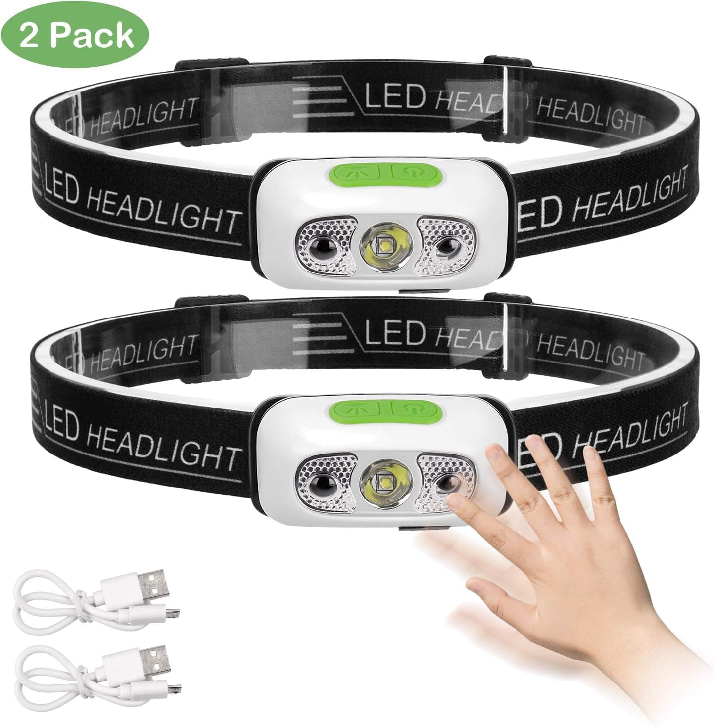 HIMETSUYA Headlamp Flashlight, Led Headlamps Rechargeable Headlight [2 Pack] 500 Lumen IPX6 Waterproof With Motion Sensor Mode, for Outdoor, Camping, Running, Hiking -Built-in Battery(2 Pack)