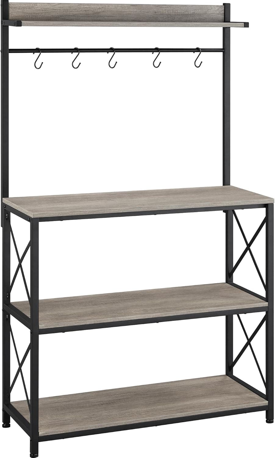 Topeakmart Industrial Kitchen Baker's Rack for Home with Open Storage Shelves, Metal Frame Microwave Oven Stand Shelf Coffee Station with 5 S Hooks, X Designed Floor Standing Spice Rack, Gray