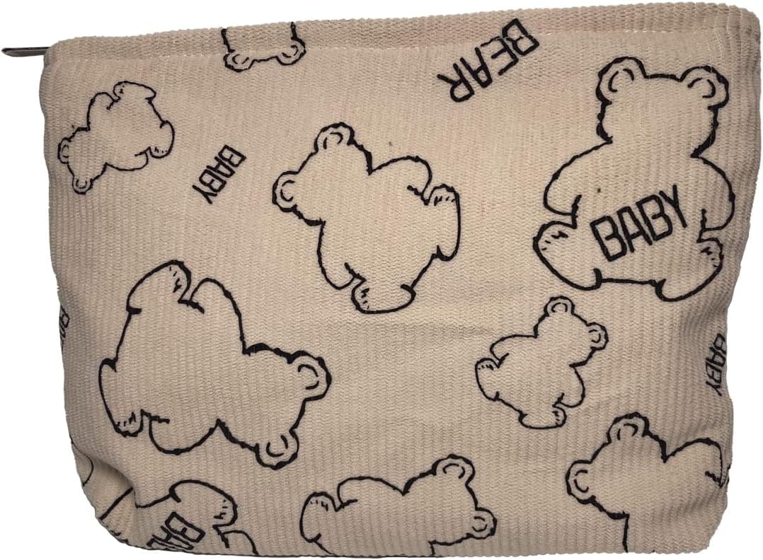 TrueLux Corduroy Large Capacity Cosmetic Bag,Cute Bear Zipper Makeup Bag for Purse,Travel Toiletry Bag Accessories Organizer for Women Girls (Beige)