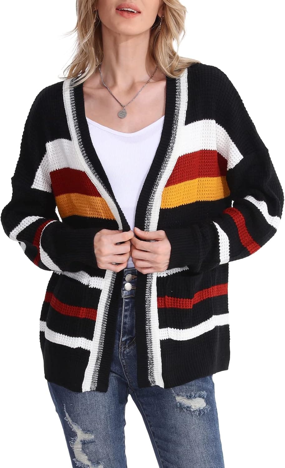 HOOKLZO Womens 2022 Waffle Knit Cardigan Long Sleeve Color Block Open Front Sweater with Pockets