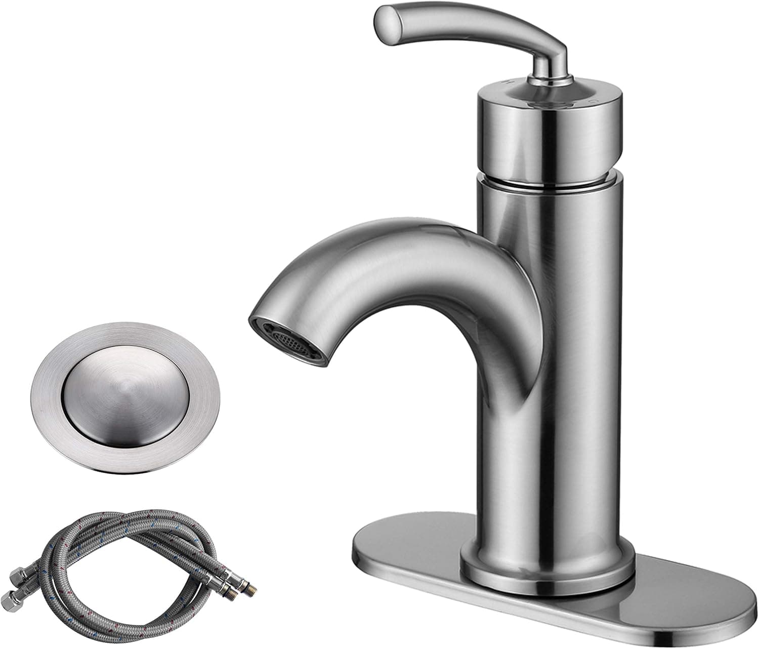 RKF Single Handle Bathroom Sink Faucet One Hole Deck Mount Lavatory Faucet with pop-up Drain with Overflow and CUPC Water Supply Hoses,Brushed Nickel. BF003SP-BN