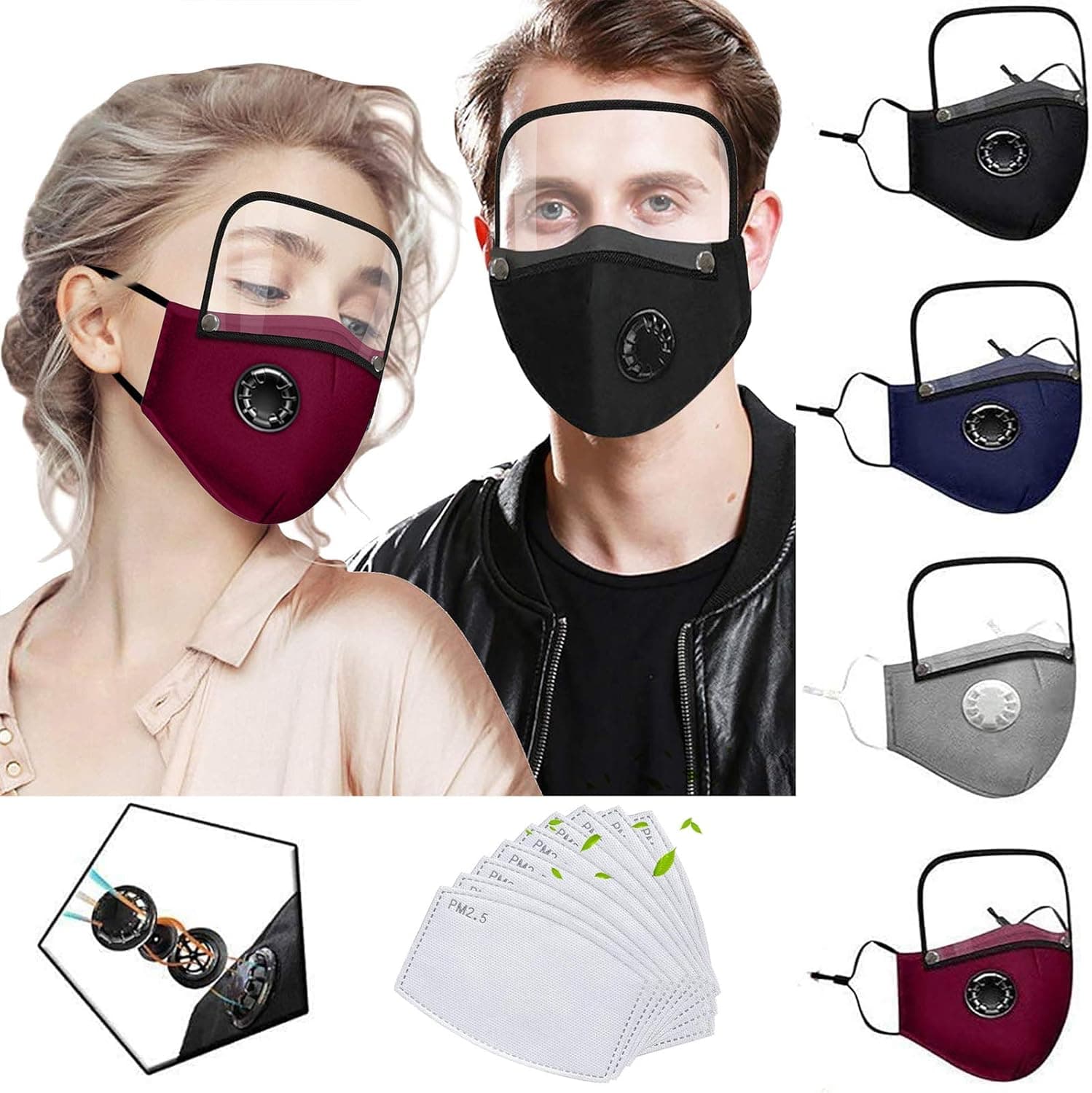 Rowa 4Pcs Fashion Face_Mask with Detachable Eyes Shield, with Breathing Hole and 8pcs Activated Carbon Replaceable Filters Washable Comfortable Face Fabric For Adults. (Multicolored)