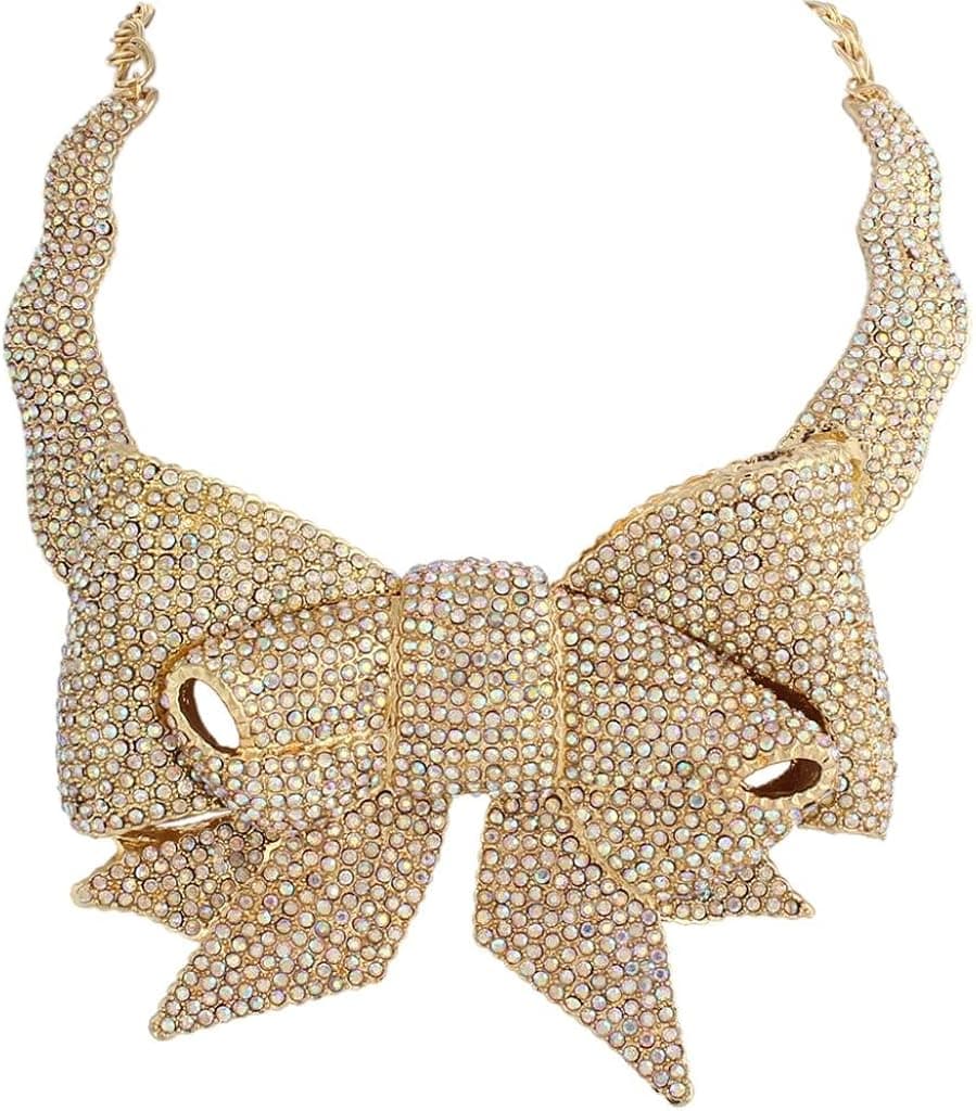 EVER FAITH Big Bowknot Clear AB Austrian Crystal Necklace Gold-Tone