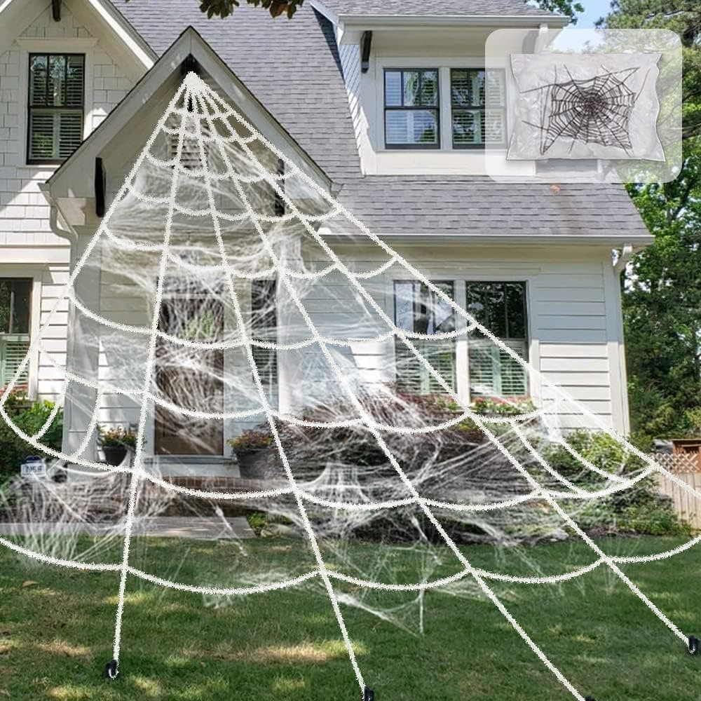Pawliss Halloween Decorations, 16 Ft Giant Spider Web with Super Stretch Cobweb Set, Outdoor Yard Decor, White