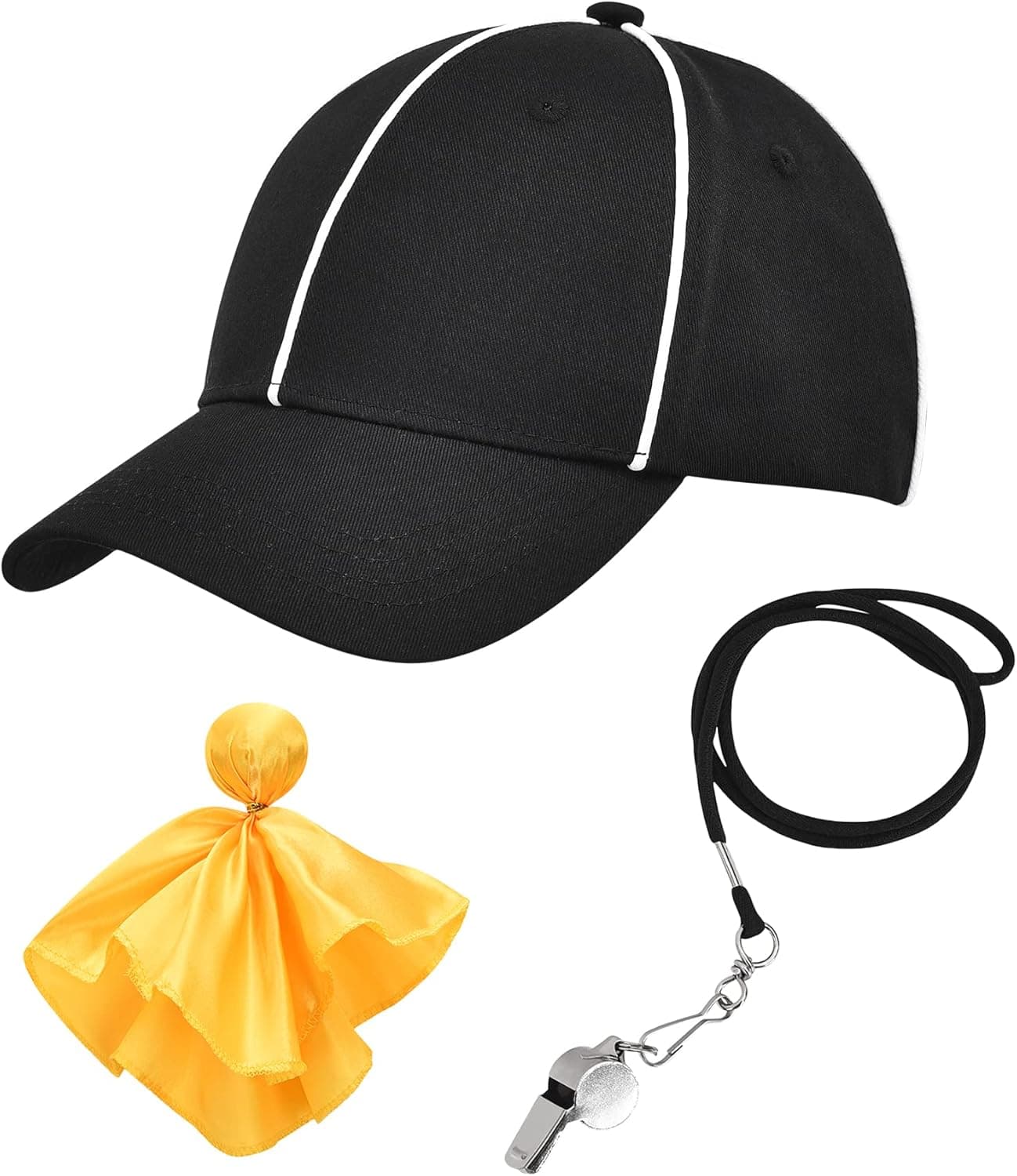 ChinFun Official Referee Hat Adjustable Black with White Stripes Ball Cap 1 Penalty Flag Football Flags and 1 Stainless Steel Whistle with Lanyard for Football Refs Judges Linesman Uniforms