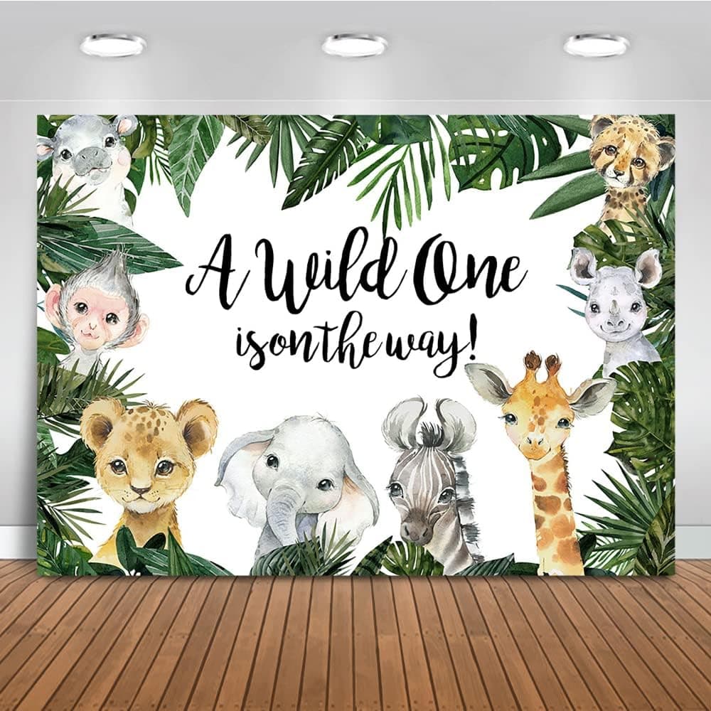 Mocsicka Safari Baby Shower Backdrop Jungle Animals Baby Shower Background Tropical Zoo Animals Baby Shower Party Cake Table Decoration Photo Booth Props (7x5ft)