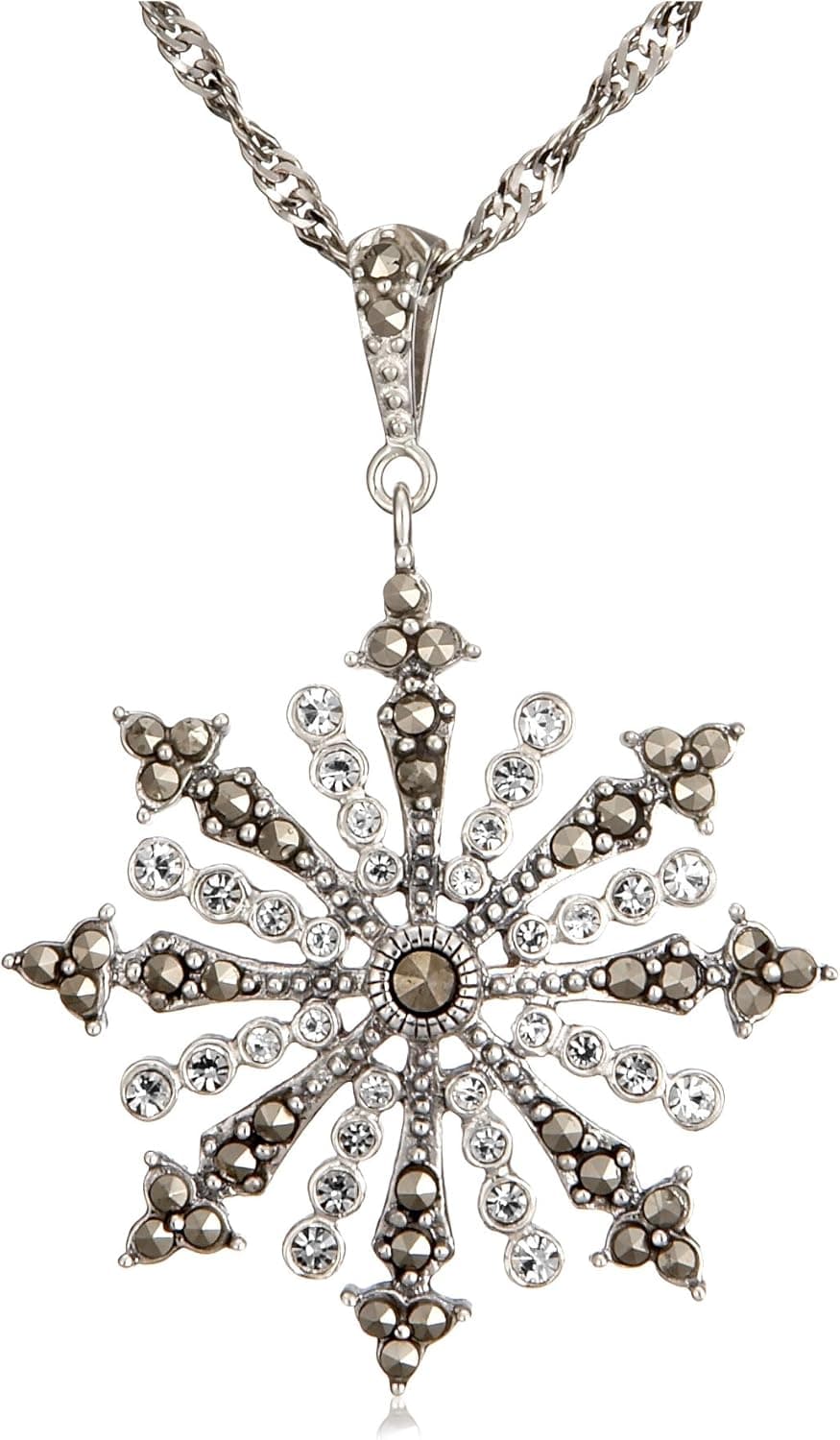 Amazon Collection Sterling Silver Marcasite and Cubic Zirconia Snowflake Pendant, 18"