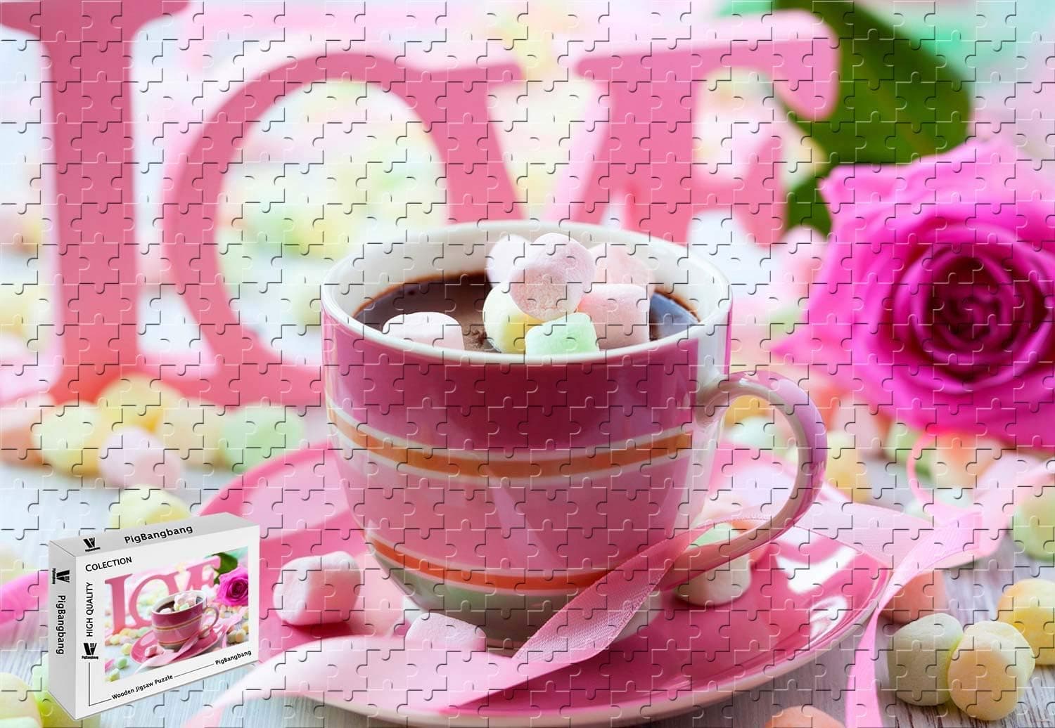 PigBangbang,20.6 X 15.1 Inch,Wooden Large Size - Chocolate Drink Pink Style Cotton Candy Rose Love Valentines Day - 500 Piece Jigsaw Puzzle