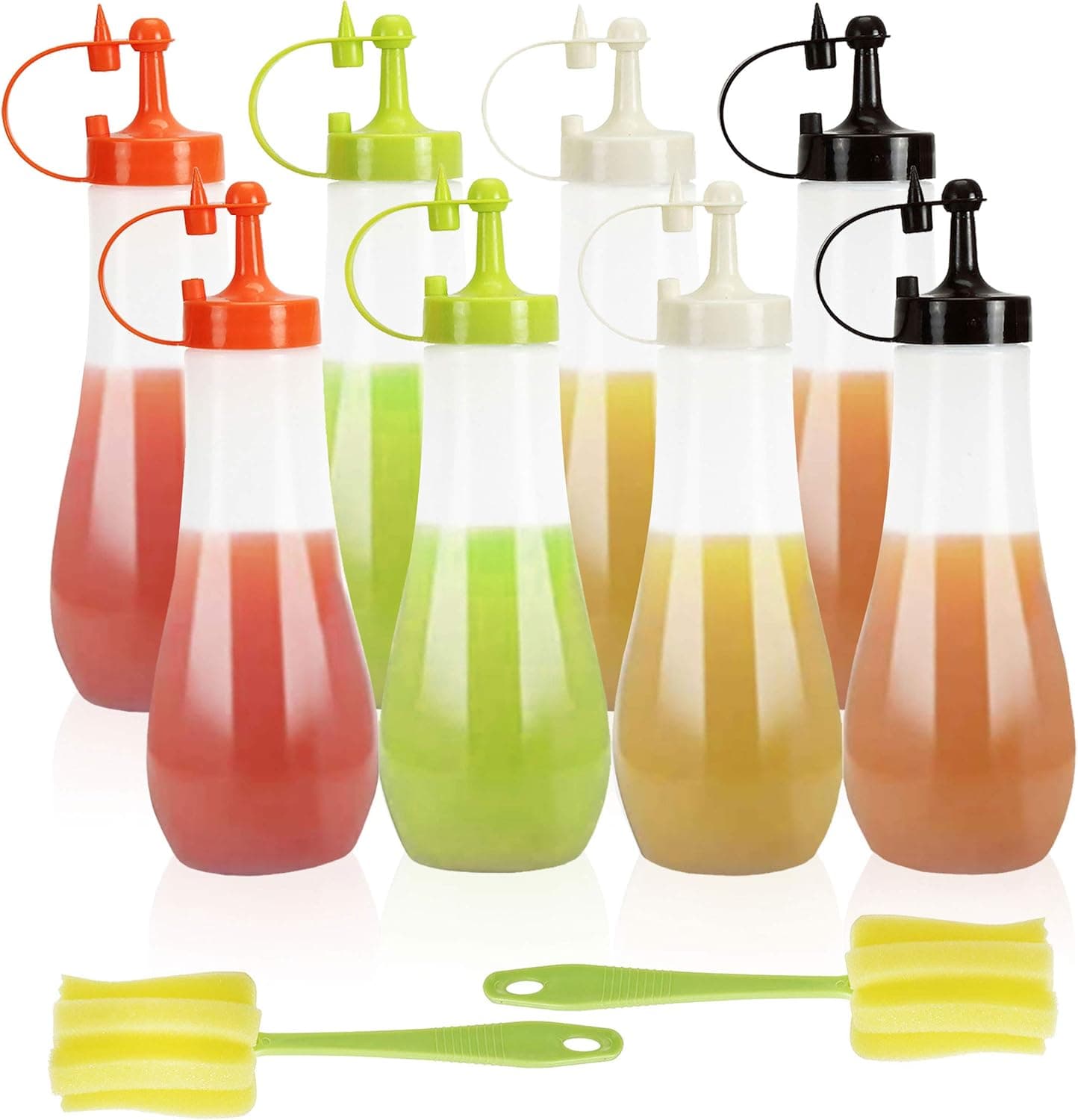 WUWEOT 8 Pack 16 OZ Condiment Squeeze Bottle, Clear Refillable Sauce Squirt Container with Cleaning Brush, Plastic Squirt Dispenser for Ketchup, BBQ, Syrup, Dressings, Paint, Arts, Crafts, 4-Color