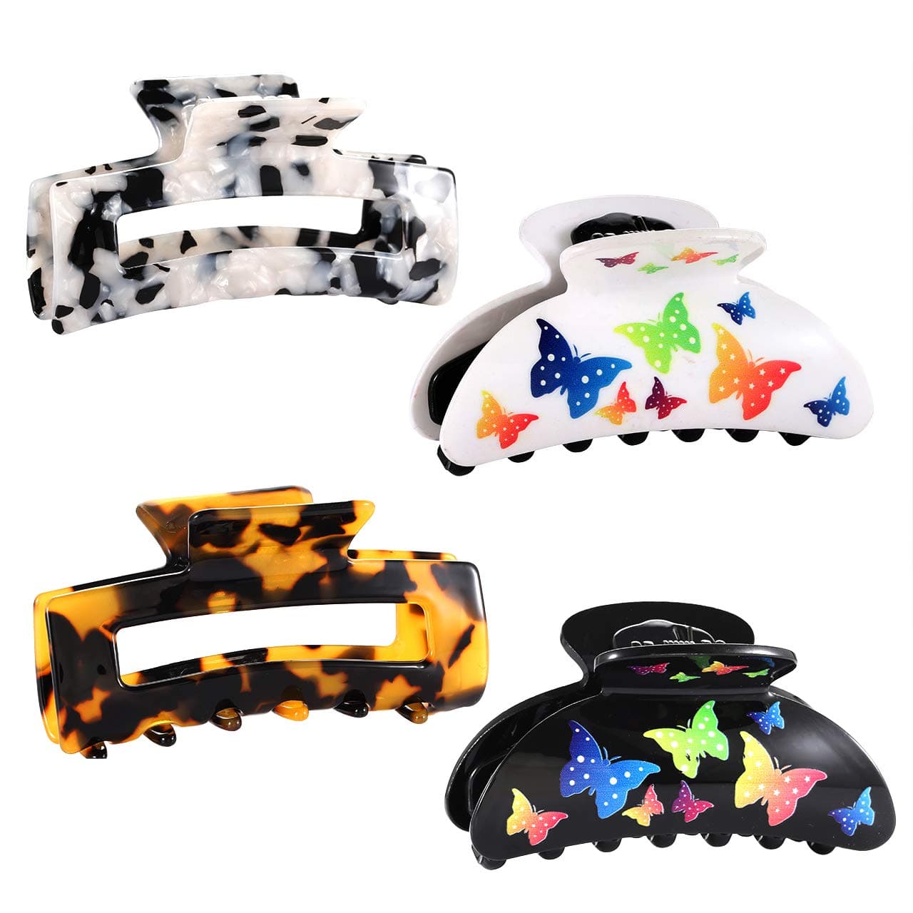 Boderier 4pcs Hair Claw Clips for Women Large Square Tortoise 3D Butterfly Print Strong Hold Hair Jaw Clip Clamp for Thick Hair