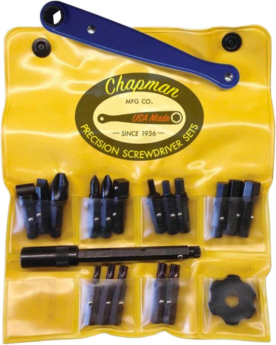 Chapman MFG 1916 European, Japanese & Indian Motorcycle Screwdriver Set - Includes Metric Allen Hex, Slotted, Phillips & Star Insert Bits + Mini Ratchet - Complete Set Offers 17 USA Made Insert Bits