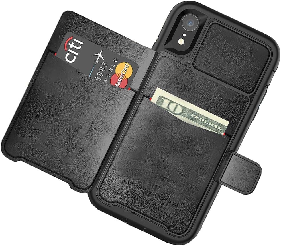 Crosspace iPhone XR Case, iPhone XR Wallet PU Leather + Hard PC Cases Magnetic Cover with Card Slots for iPhone XR 6.1"-Black